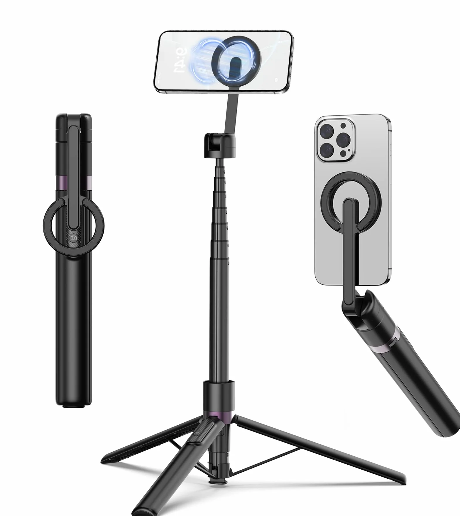TONEOF 173cm Perche Selfie Magnétique Trépied,Fixations en Aluminium pour Magsafe, Rotatif à 360°,Trépied Voyage Rétractable avec Anneau Métallique&Télécommande,Têtes de Trépieds pour Téléphones-Noir