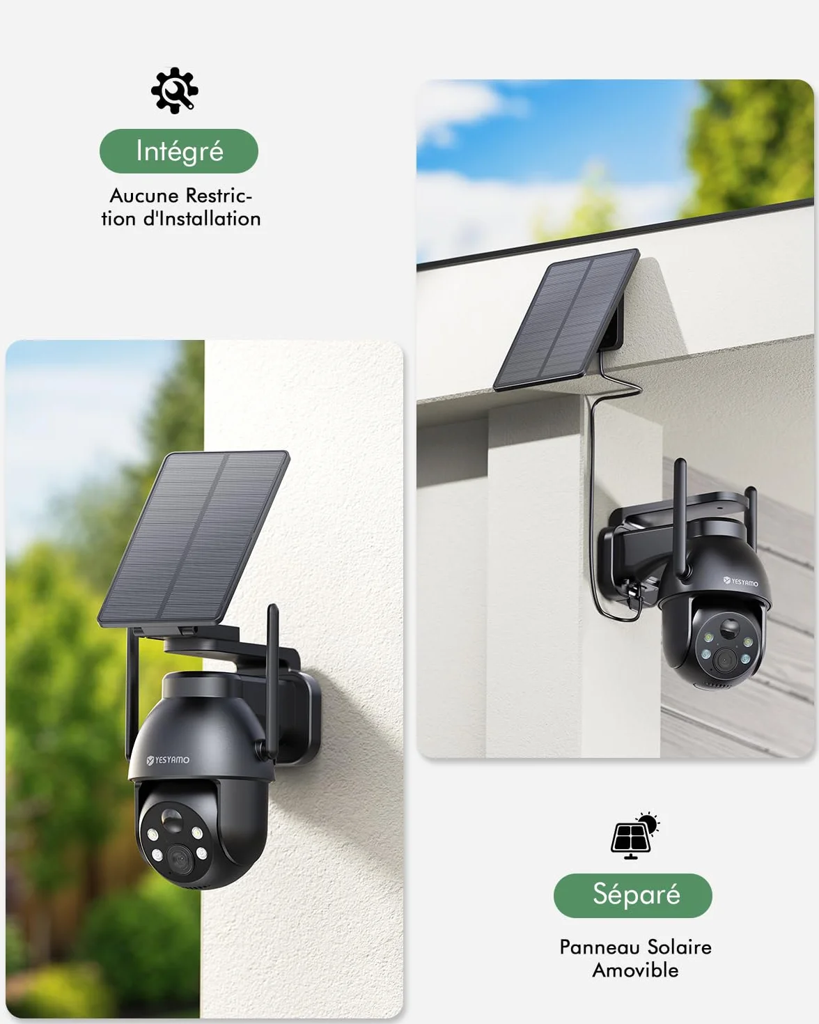 YESYAMO 2K Camera Surveillance WiFi Exterieure sans Fil Solaire, Panneau Solaire, 355° PTZ, Vision Nocturne Couleur, Audio Bidirectionnel, PIR Sirène Noir