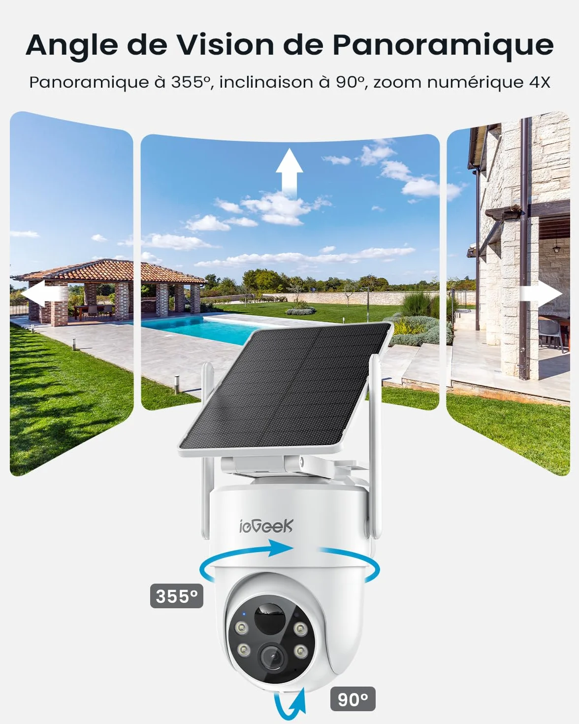 ieGeek 2K Camera Surveillance WiFi Exterieure sans Fil Solaire avec Panneau Solaire Amovible，360° Panoramique PTZ, Vision Nocturne Couleur, Détection Humaine PIR，Sirène，S5