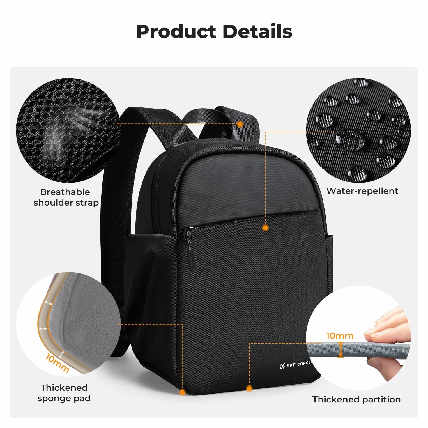 K&F CONCEPT Sac à dos pour appareil photo, petit sac à dos photo compact sacoche de protection épaisse pour appareil photo, résistante à l'eau, compatible avec un appareil photo, tablette 9,7 pouces