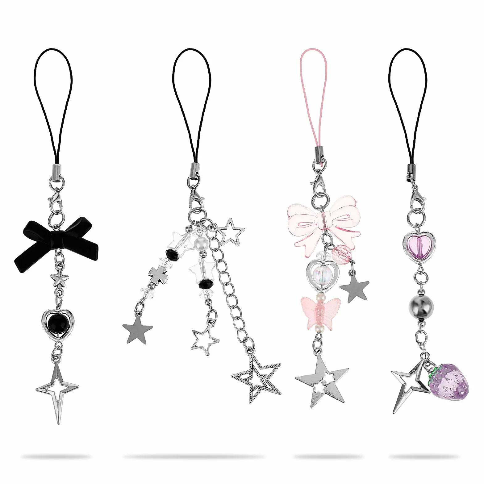 4 jolies breloques pour téléphone portable, ensemble de bijoux de telephone, fraise rose, papillon, étoile breloque pour téléphone portable, porte-clés, décoration d'appareil photo