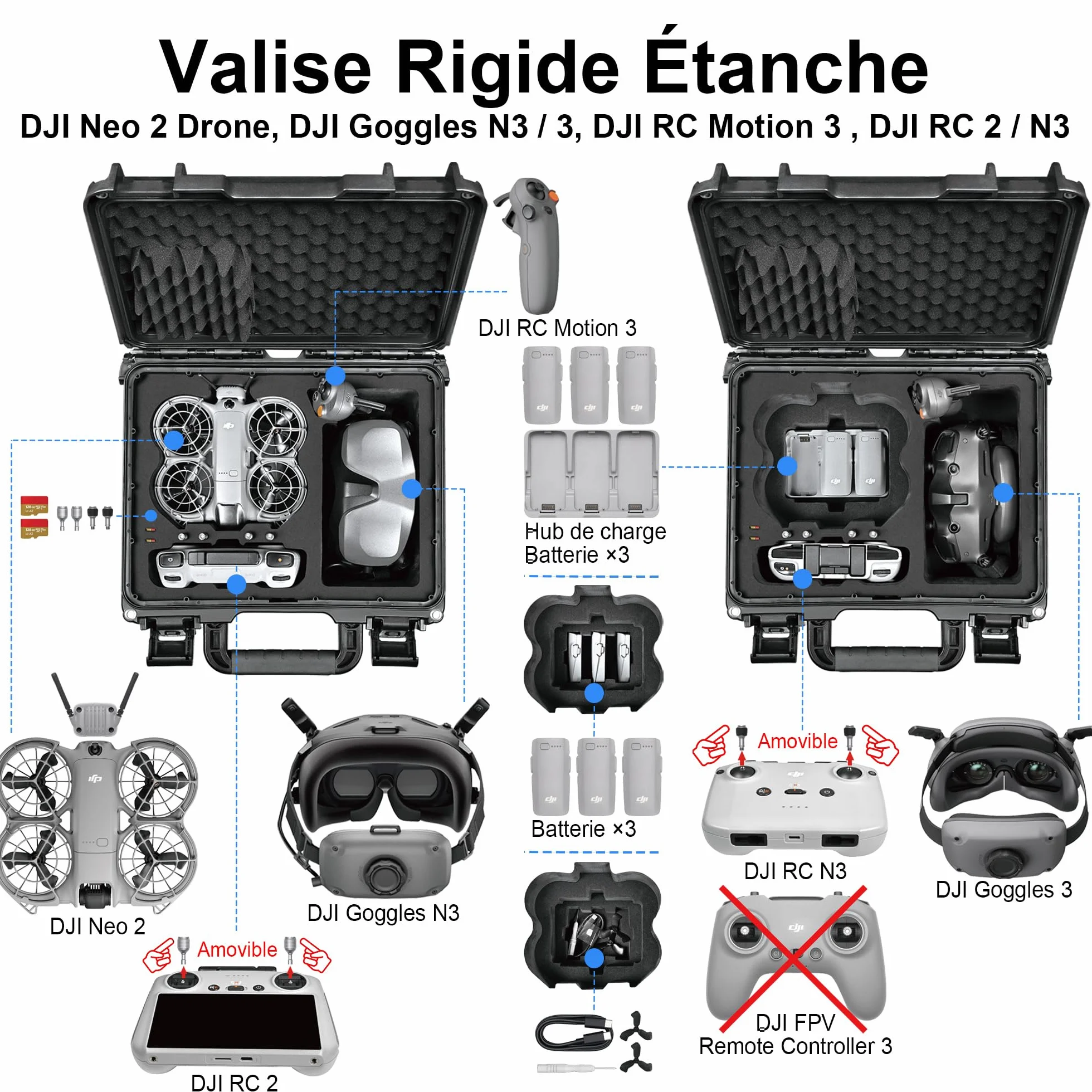 LEKUFEE Valise de Transport Rigide et Étanche pour Drone DJI Neo 2,Bundle Motion Fly More,DJI RC 2, RC N3, Goggles N3/3, RC Motion 3 et Accessoires (étui Uniquement)