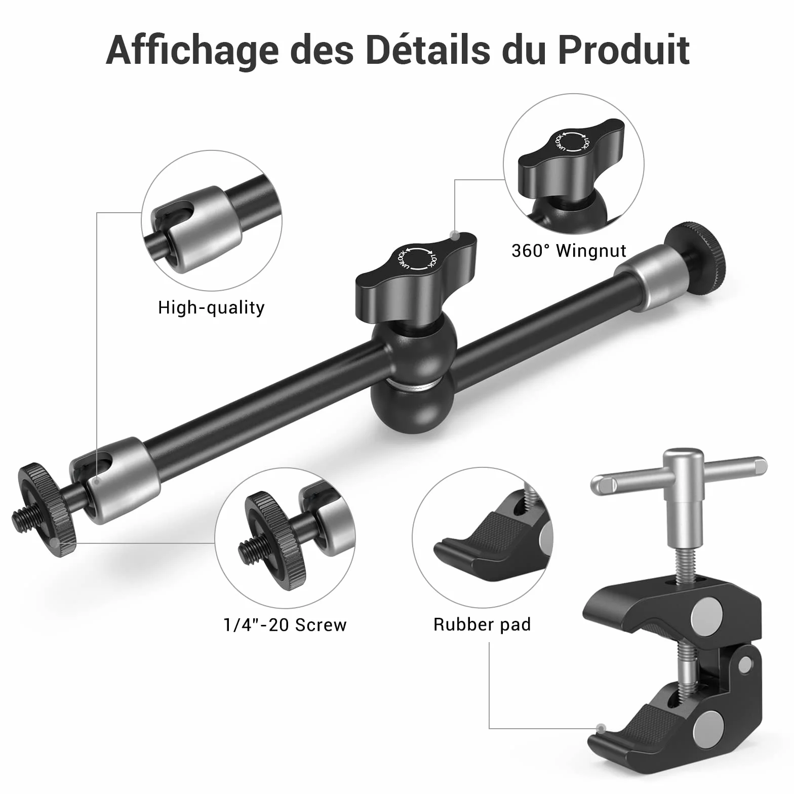 SMALLRIG Super Clamp et Bras Magique Articulé à Friction Réglable de 10 Pouces avec Vis 1/4" pour Moniteur LCD/Lumières LED - 2732B