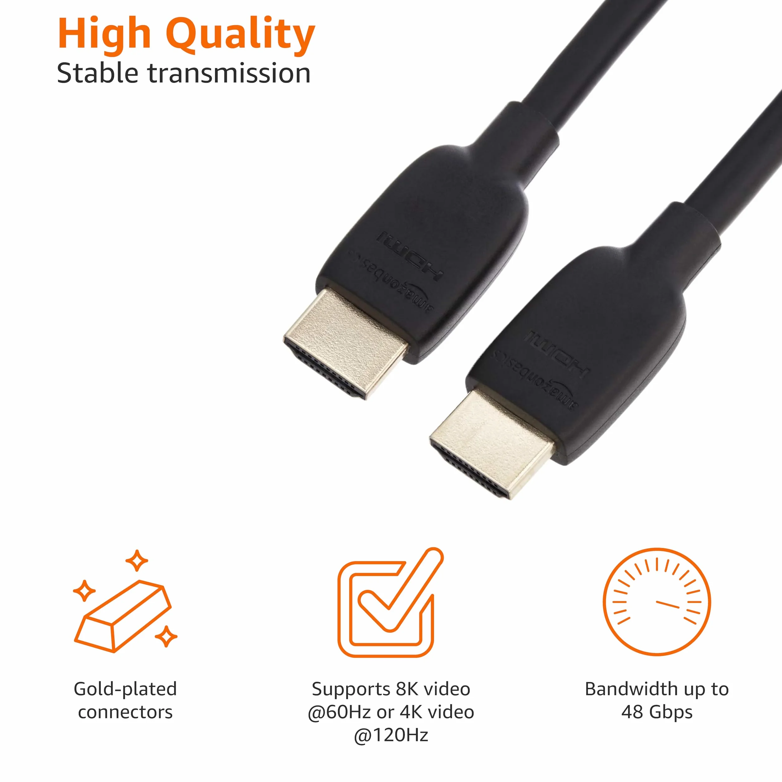Amazon Basics Câble HDMI, certifié Ultra-Haut débit 48 Go/s, 8K@60Hz, 4K@120Hz, fiches plaquées Or, Compatible Ethernet, 0.9 m, Noir