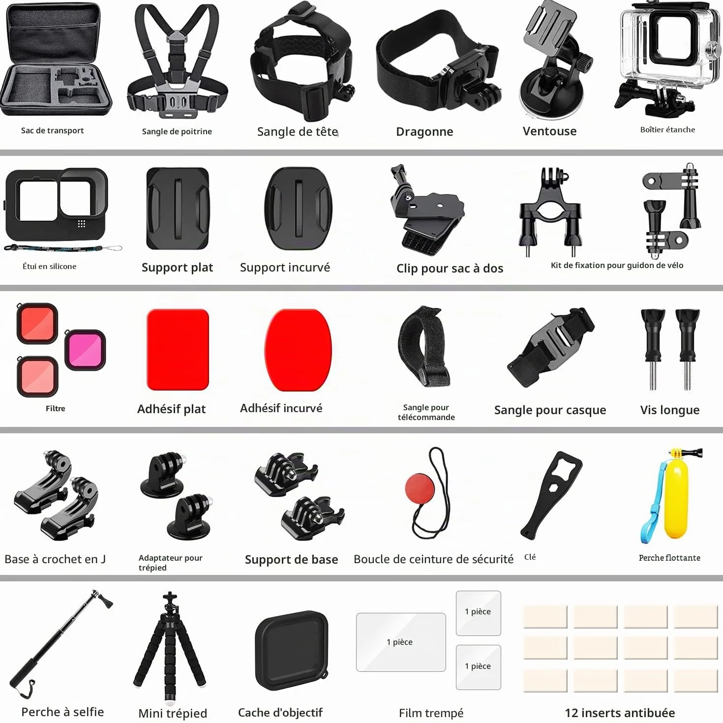 Kit d' Accessoires pour GoPro Hero 12 11 10 9 Black, oGoDeal Caméra d'action Comprenant boitier étanche, Protection D'écran, Un Support de vélo, Poignée Flottante