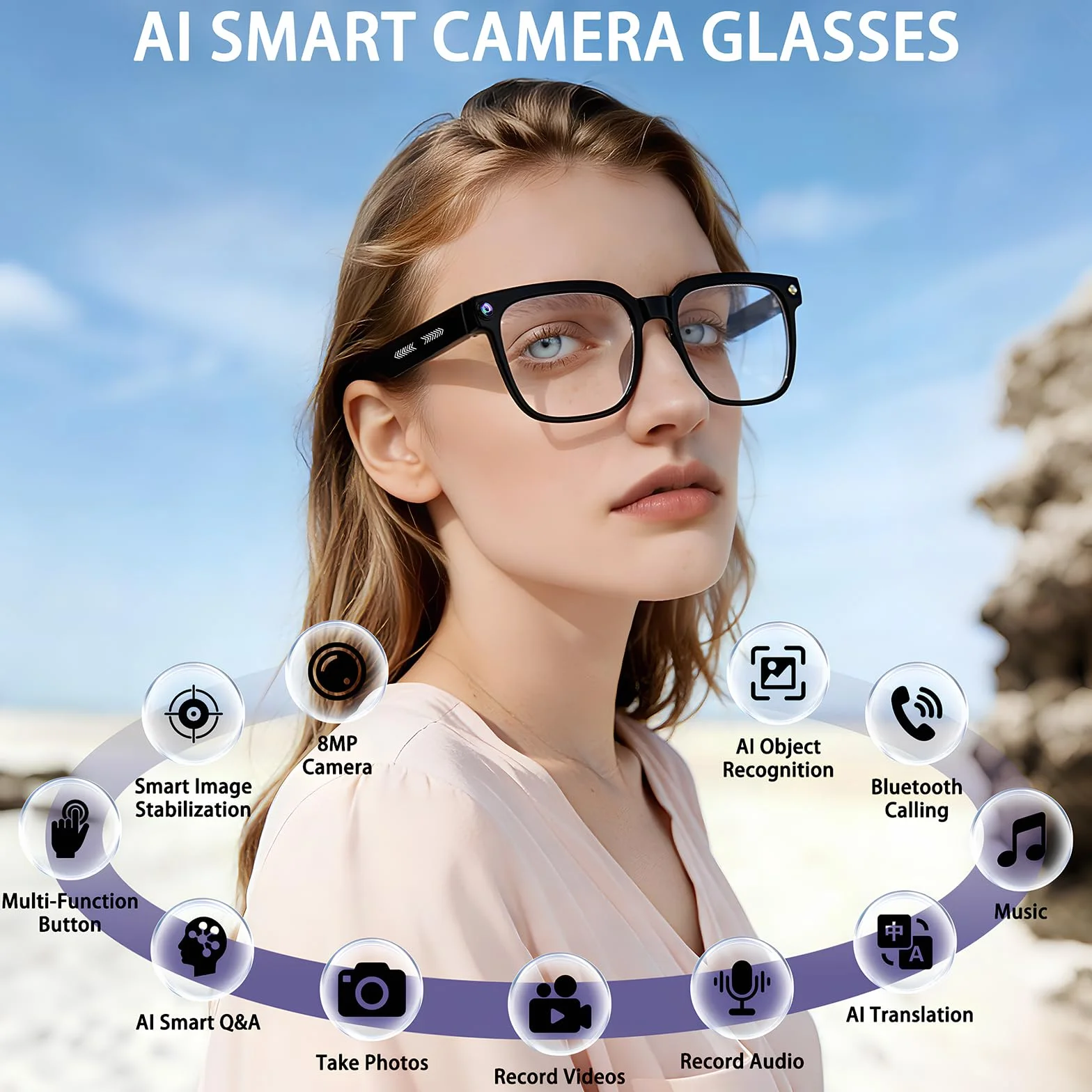 Lunettes Connectées avec 8MP Lunette Camera, 1080p Lunette Traductrice Lunettes IA Lunette Intelligente avec Verres Photochromiques, Musique Bluetooth, Stant Vocal et Vidéo