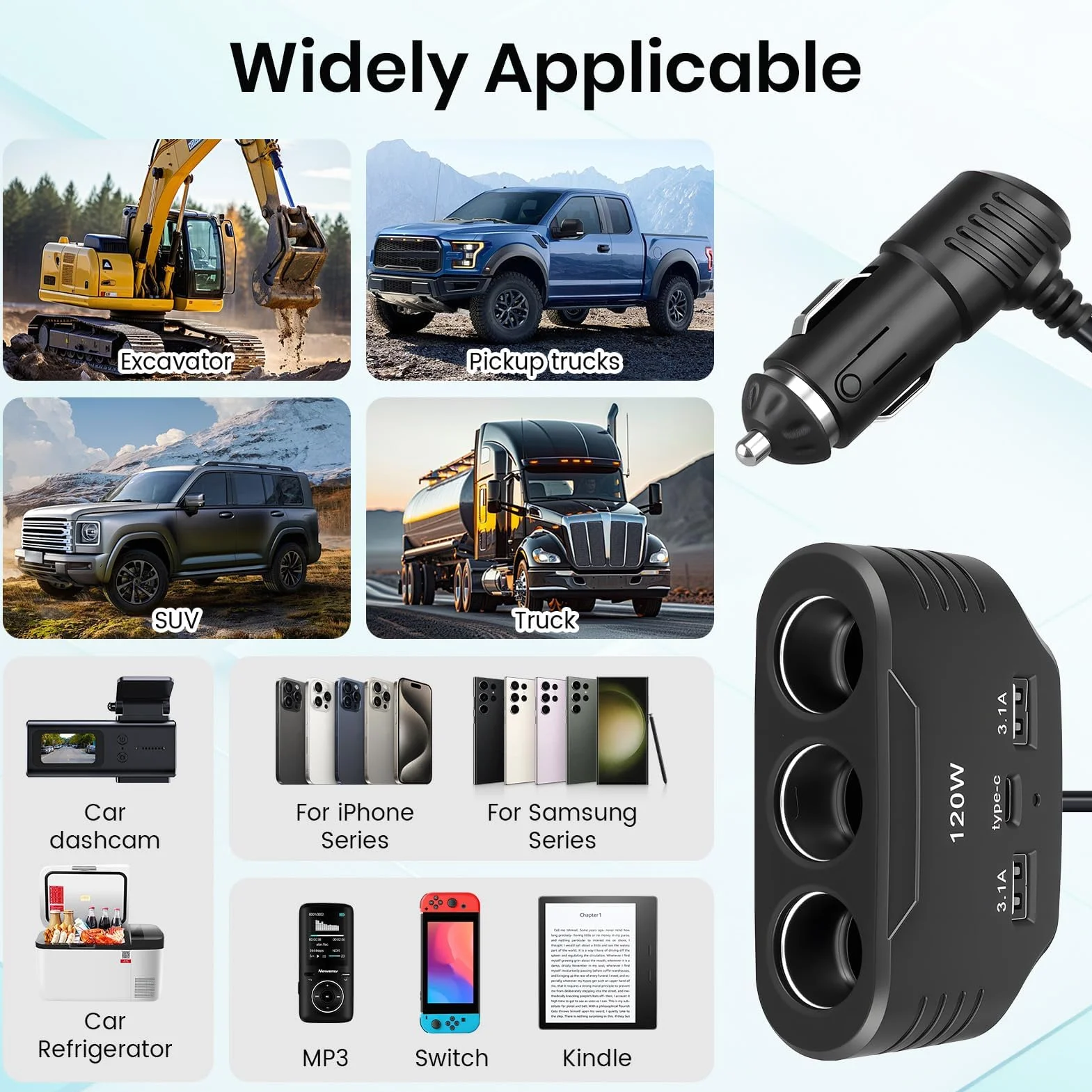 120W Prise Allume Cigare 12V 24V, Adaptateur avec 3 Prises Allume-Cigare 2 USB-A Port 1 Type C 5V 3.1A, Multi Chargeur Splitter avec LED pour Tablette GPS Phone Dash Cam Caméra Voiture
