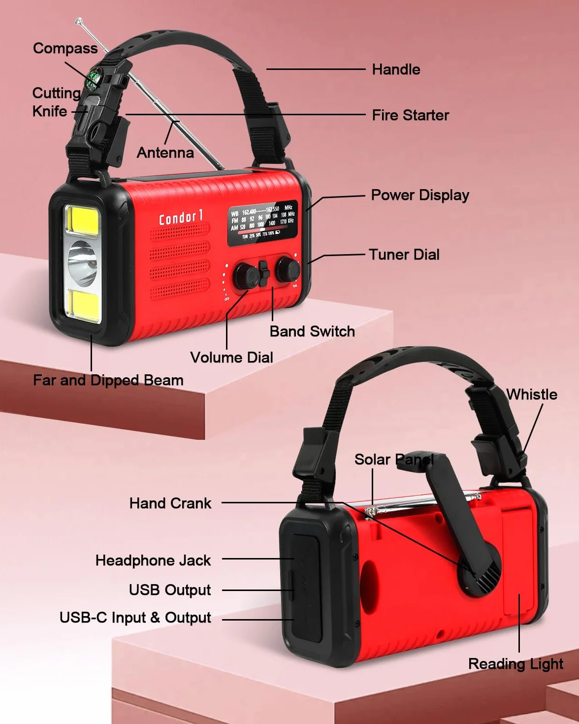 Radio à manivelle d'urgence 20 000 mAh 74 000 mWh NOAA AM FM solaire avec chargeur téléphone lampe de poche