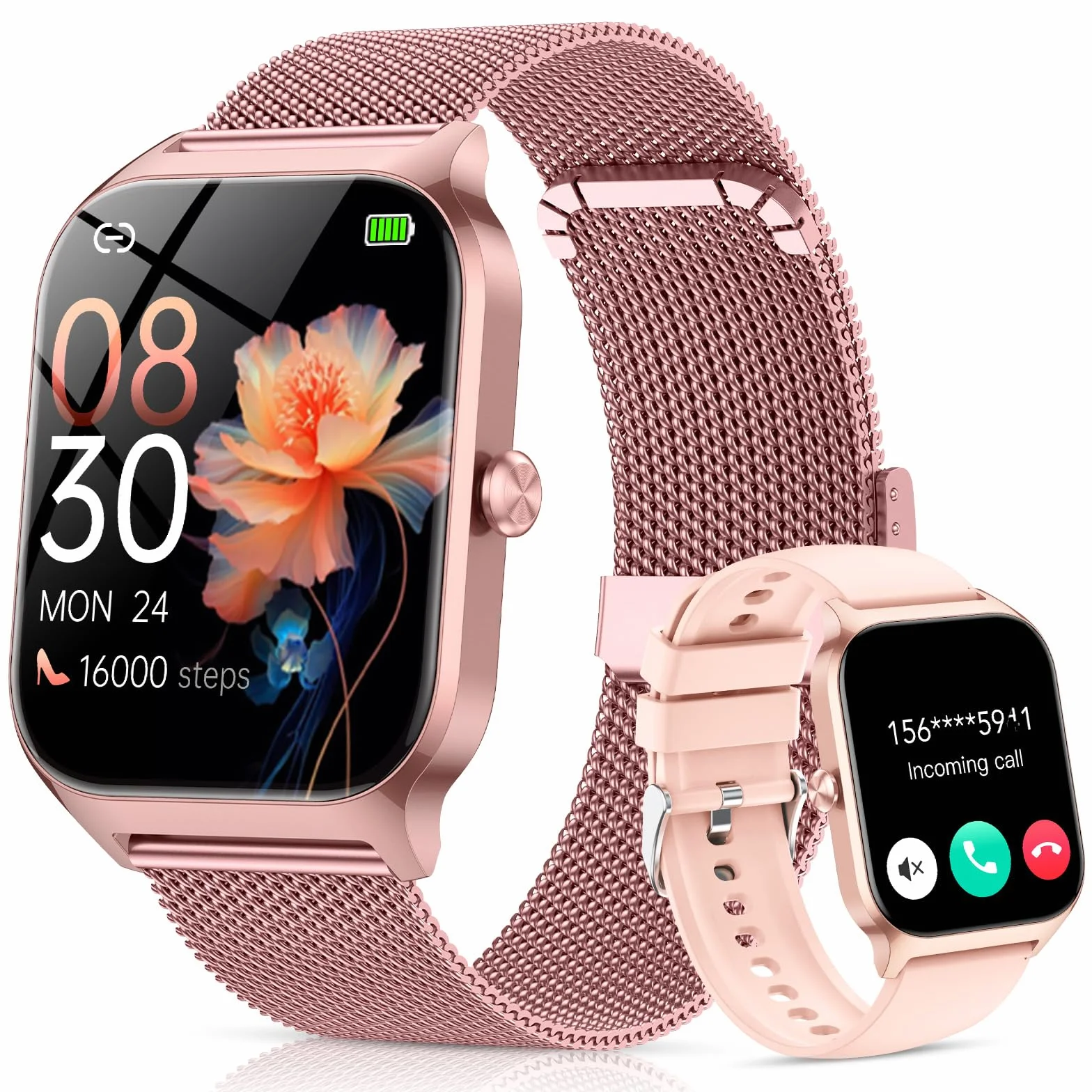 CASCHO Montre Connectée Femme avec Appel Bluetooth, 1.85"HD Smartwatch Femme avec Fréquence Cardiaque/Sommeil/SpO2, IP68 Étanche Fitness Tracker avec 120+ Modes Sportifs, pour Android iOS - Doré rose