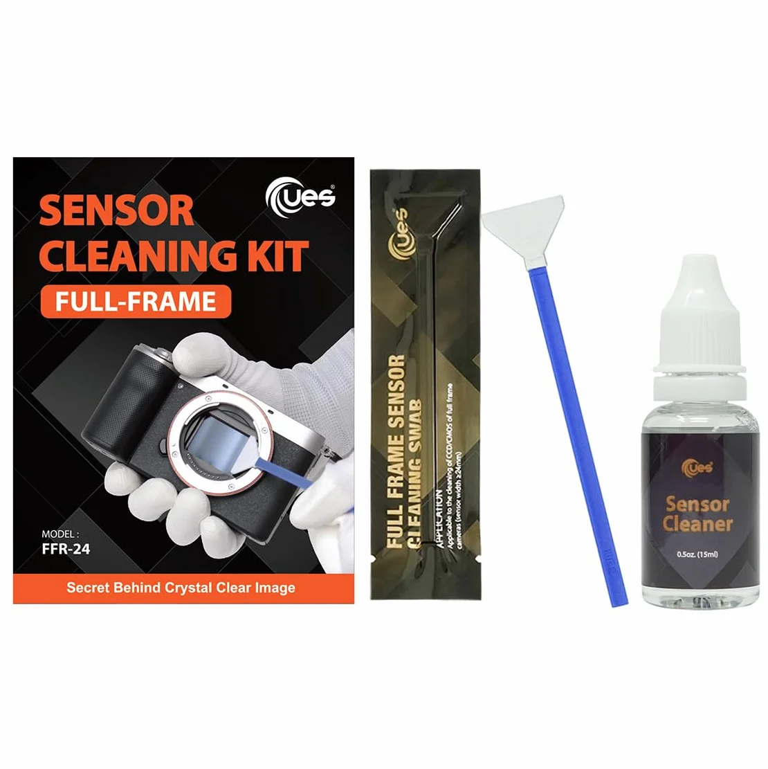 UES FFR24 Kit de Nettoyage Capteur Appareil Photo Plein Format (Hybride et Reflex) – 14 Bâtonnets (24 mm) & 15 ML Liquide Nettoyant – Élimine la Poussière (Compatible avec Canon, Sony, Nikon)