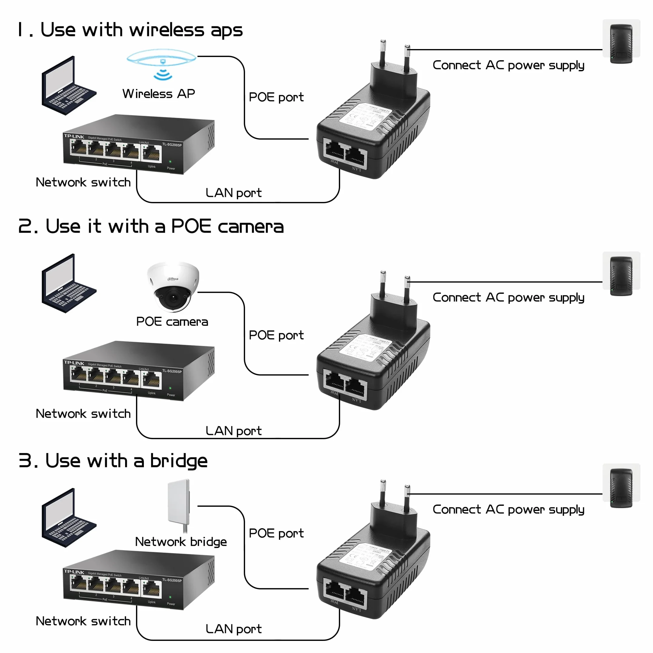 YAODHAOD POE Adaptateur Injecteur 48V / 0.5A 100/1000Mbps Prise Européenne Distance jusqu'à 100m Plug and Play pour adaptateur Ethernet, téléphone et caméra IP (100m)