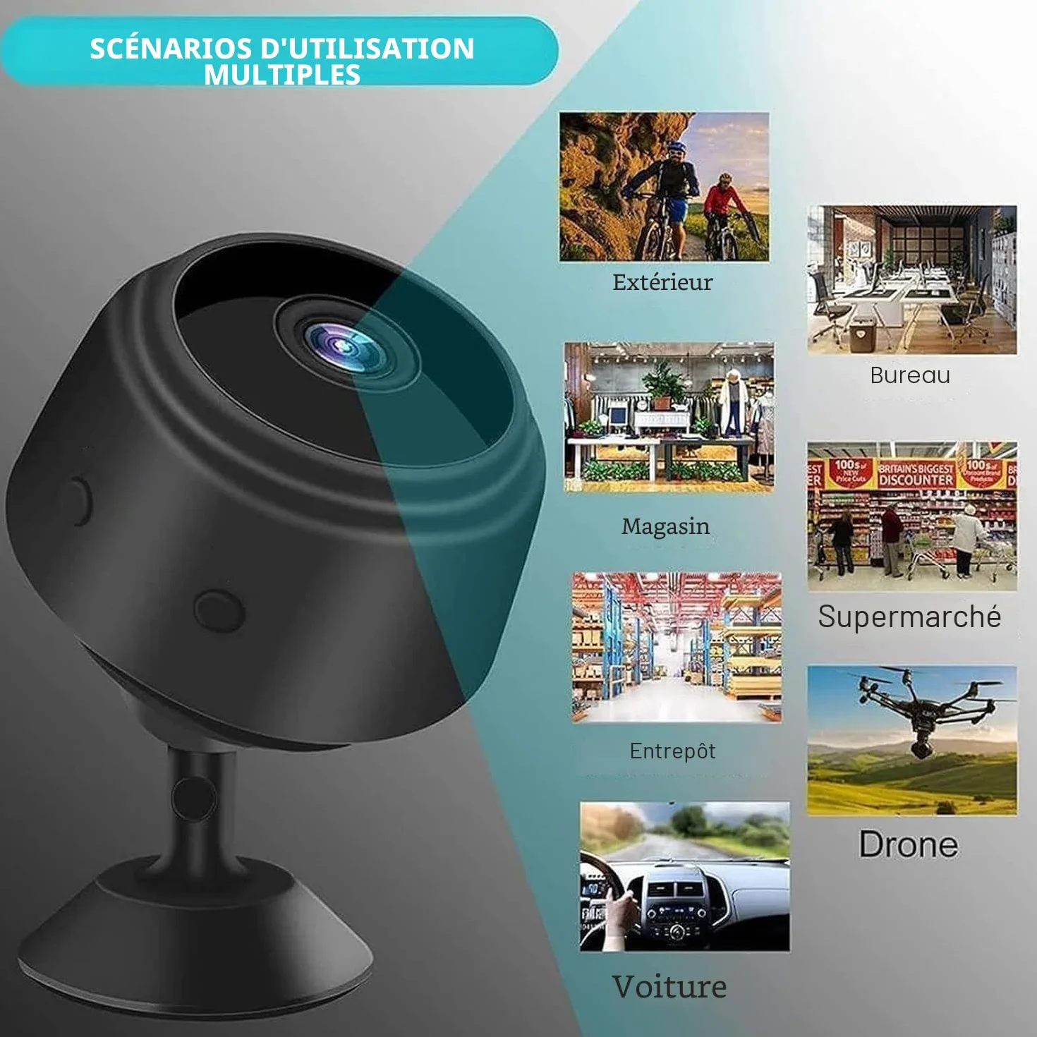 Secretscope Mini caméra de sécurité magnétique, Wi-Fi, caméra extérieure sans fil, avec fonction de vision nocturne pour la maison et le bureau, (noir, 3 pièces)