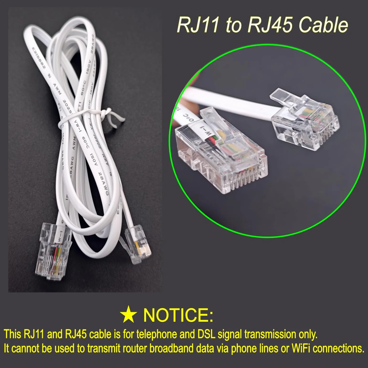 JZK 1.5m Blanc RJ11 vers RJ45 câble, cordon raccordement Ethernet, cordon raccordement téléphonique ADSL 6P4C vers 8P8C, rallonge réseau plate pour VoIP, fax, téléphone, ligne fixe, modem, routeur