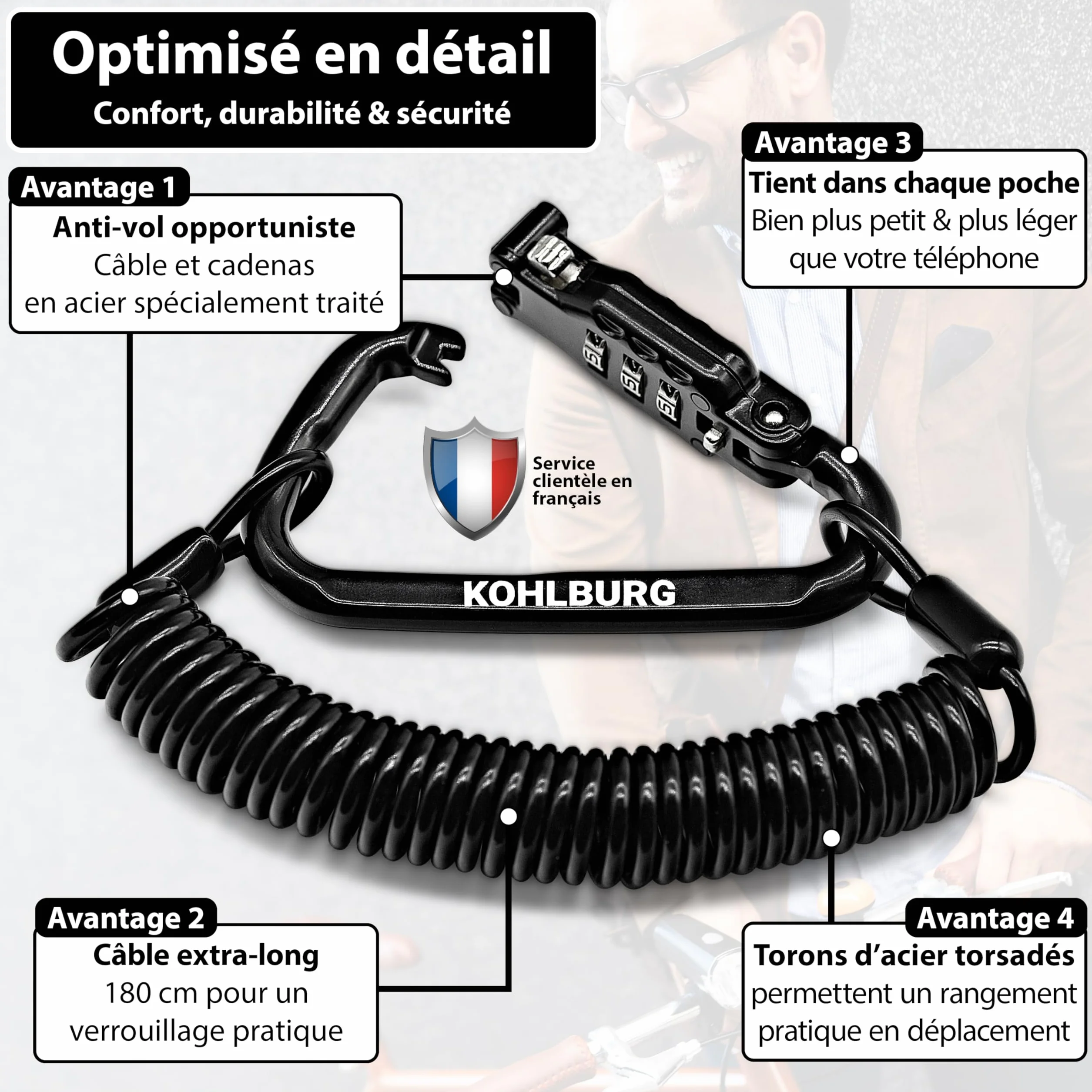 KOHLBURG Cable antivol 180 cm flexible solide cadenas code 3 mm pour poussette casque snowboard ski vélo