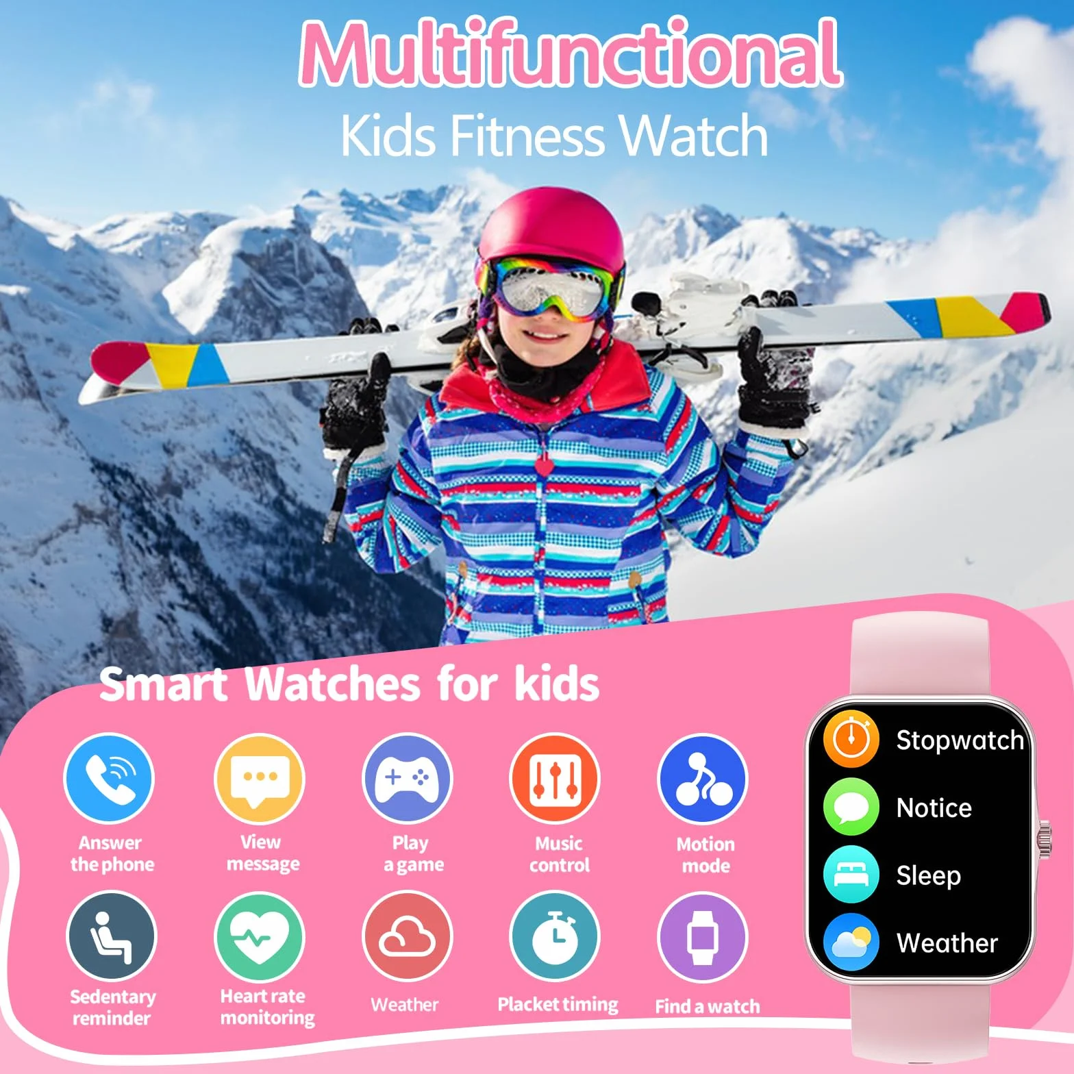 PTHTECHUS Montre Connectée Enfant avec Appel Bluetooth, 1,83" Fitness Tracker pour Garçon Fille 5-16 Ans, 120+ Modes Sport Podomètre Réveil Jeux Étanche IP68 Cadeau Anniversaire, Rose