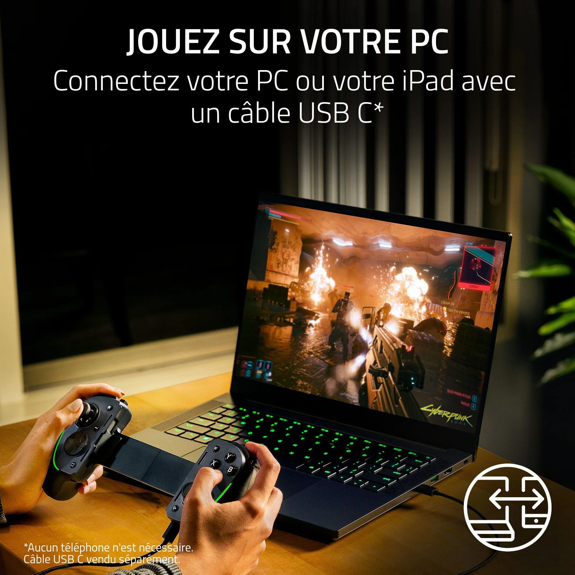 Razer Kishi Ultra - Contrôleur de jeu USB-C pour iPhone, smartphones Android et iPad Mini (haptique Sensa HD, Chroma RGB, chargeur passthrough, boutons Mecha-Touch et D-Pad, jeu mobile) Noir