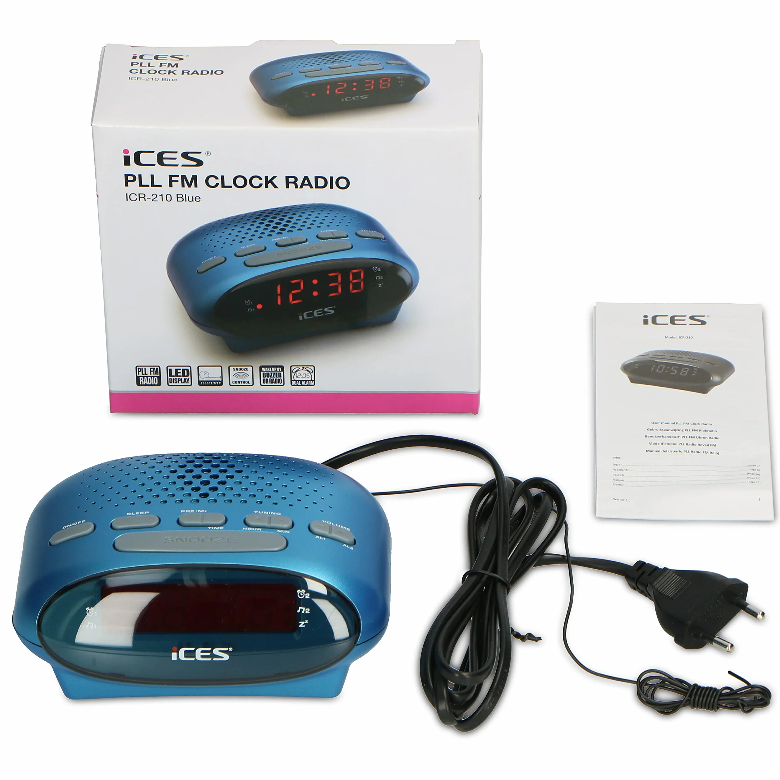 Lenco ICES ICR-210BU Reveil, Radio Réveil - FM, Tuner PLL-FM, Haut-parleurs intégrés, Radio-réveil, écran LED, Double Alarme, Fonction Snooze, Bleu