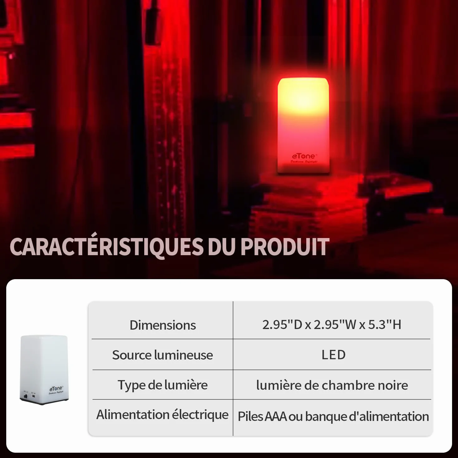 eTone Lampe inactinique (lumière rouge) portable pour chambre noire, longueur d'onde de 635 nm avec câble USB, adaptée au traitement des films N&B et du papier photographique noir et blanc
