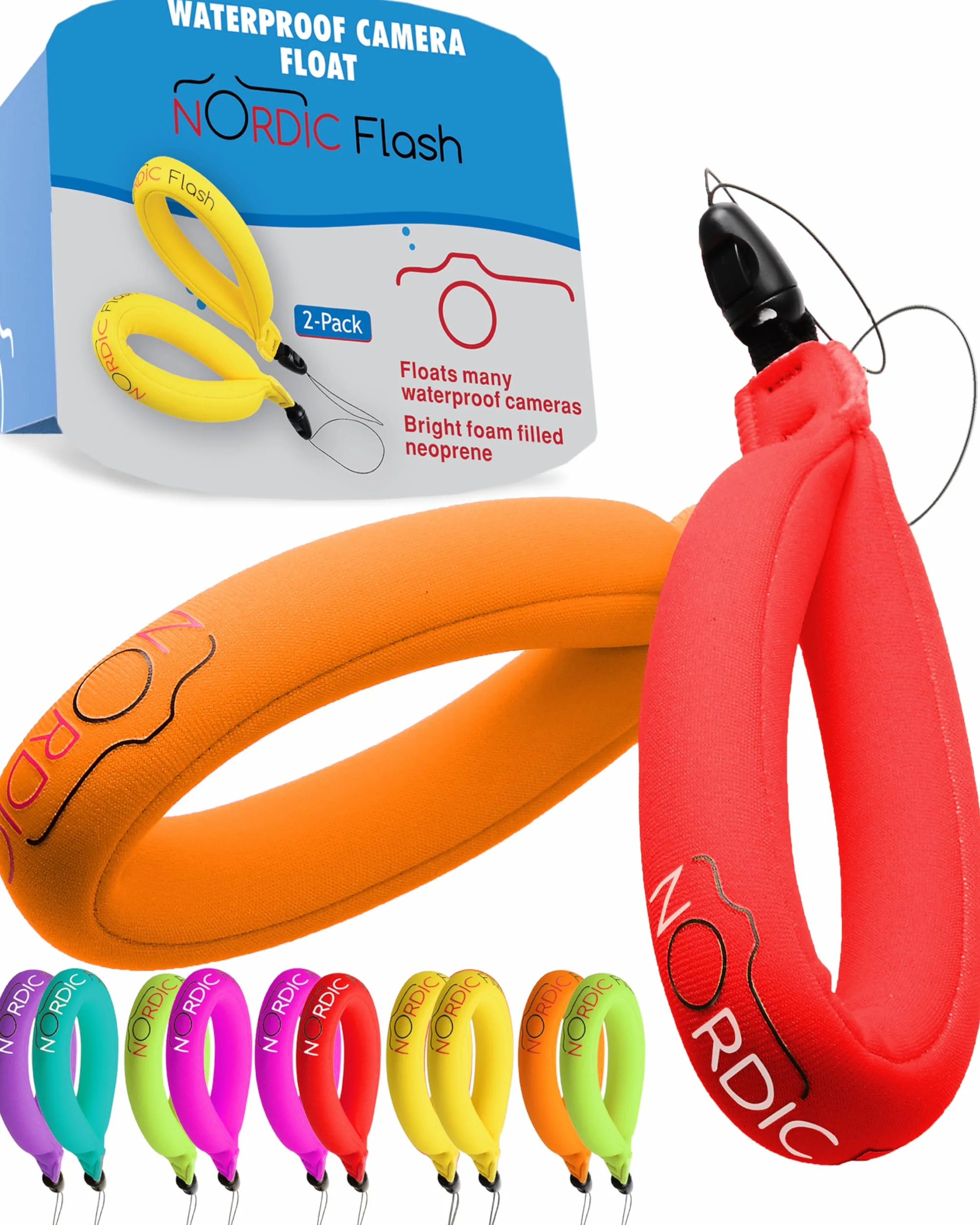 Lot de 2 flotteurs étanches pour appareil photo - Dragonne pour appareils sous-marins – GoPro/Panasonic Lumix et plus – Flotte téléphone, étui, maintient clés, évite couler – (rouge et orange)