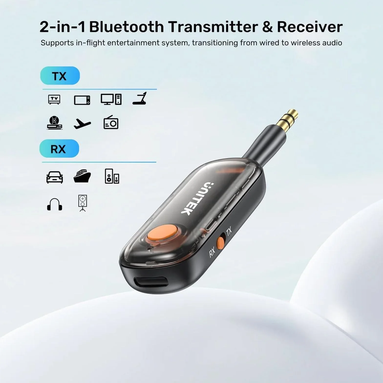 UNITEK Emetteur/Récepteur Audio Bluetooth sur Batterie (10h) ou sur Secteur - Jack 3.5mm