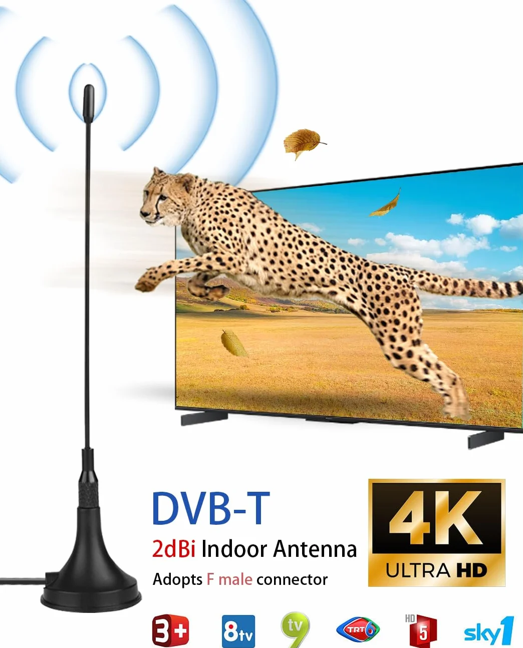 Vecys Mini DVB-T Antenne Intérieur 2 dBi avec Base Magnétique Antenne TV Intérieure Amplifiée 50 Miles RG174 Câble Coaxial de 3m/9.84ft pour Appareils DVD DVB-T