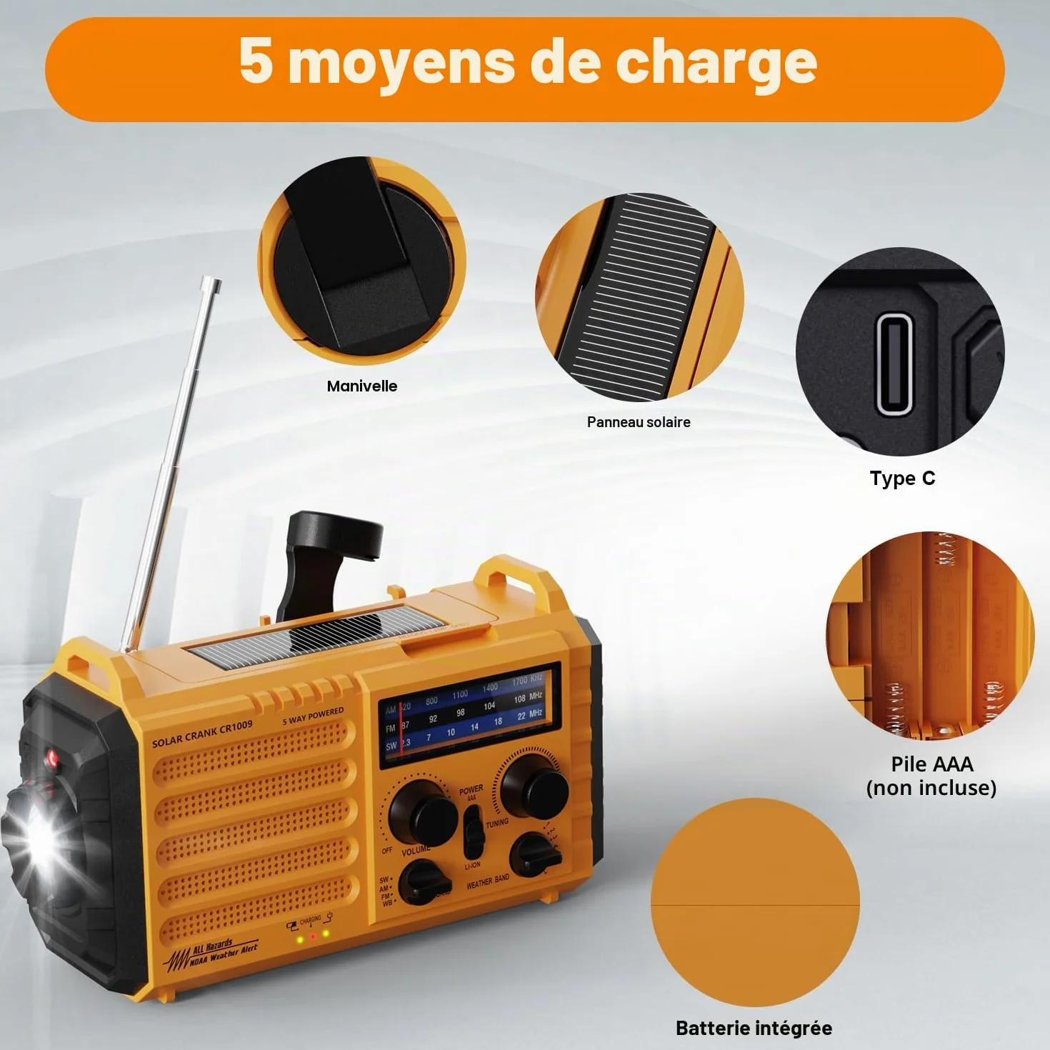 Radio Solaire de Chantier Portable AM/FM/SW 4000mAh Lampe LED Alarme SOS Boussole