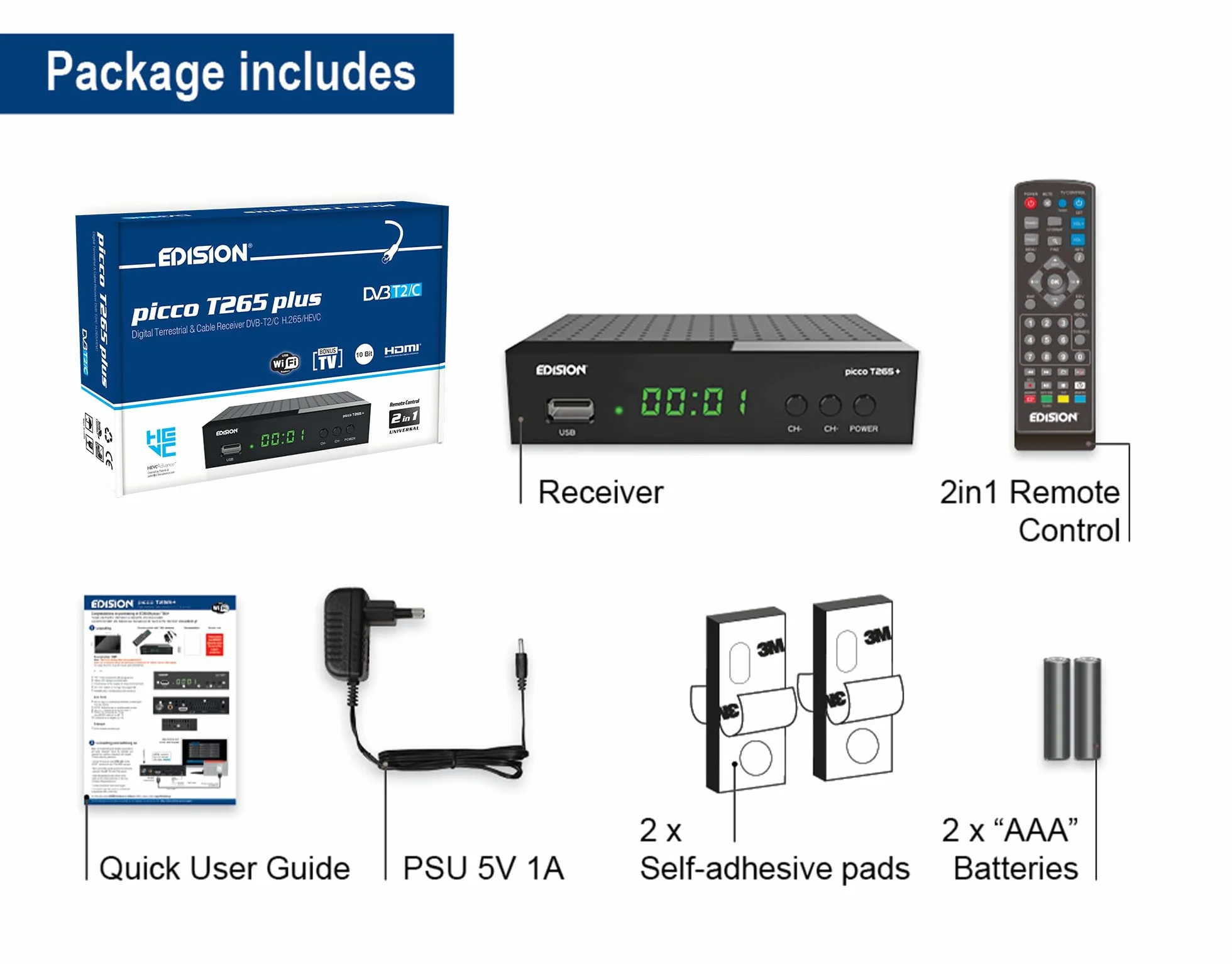 EDISION Picco T265 Plus Récepteur TNT DVBT2 DVBC H.265 HEVC FTA HDMI USB WiFi