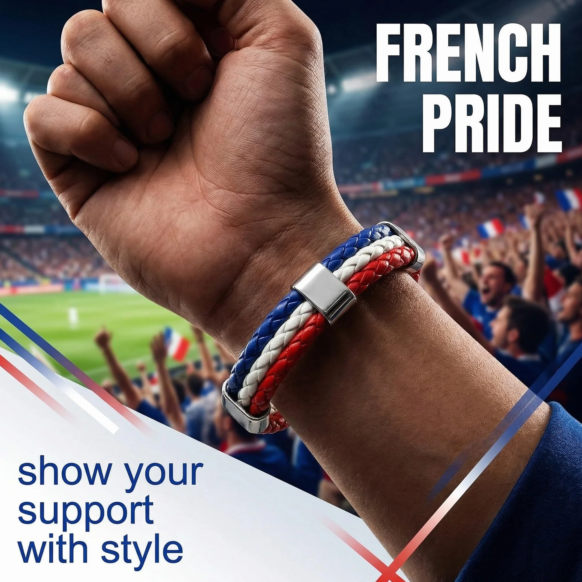 Lot de 2 Bracelet France Drapeau Français en Cuir Synthétique Bleu Blanc Rouge 22cm