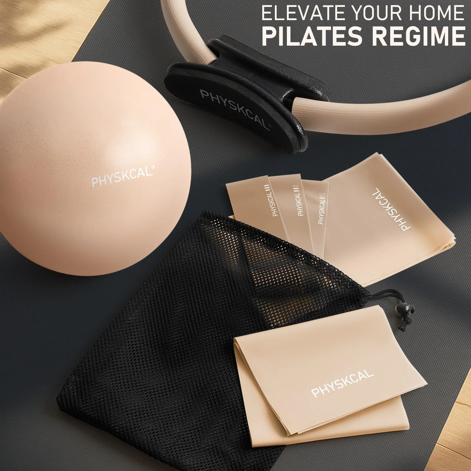 PhysKcal Kit de Pilates, Anneau 38 cm avec Ballon et Bandes de Résistance