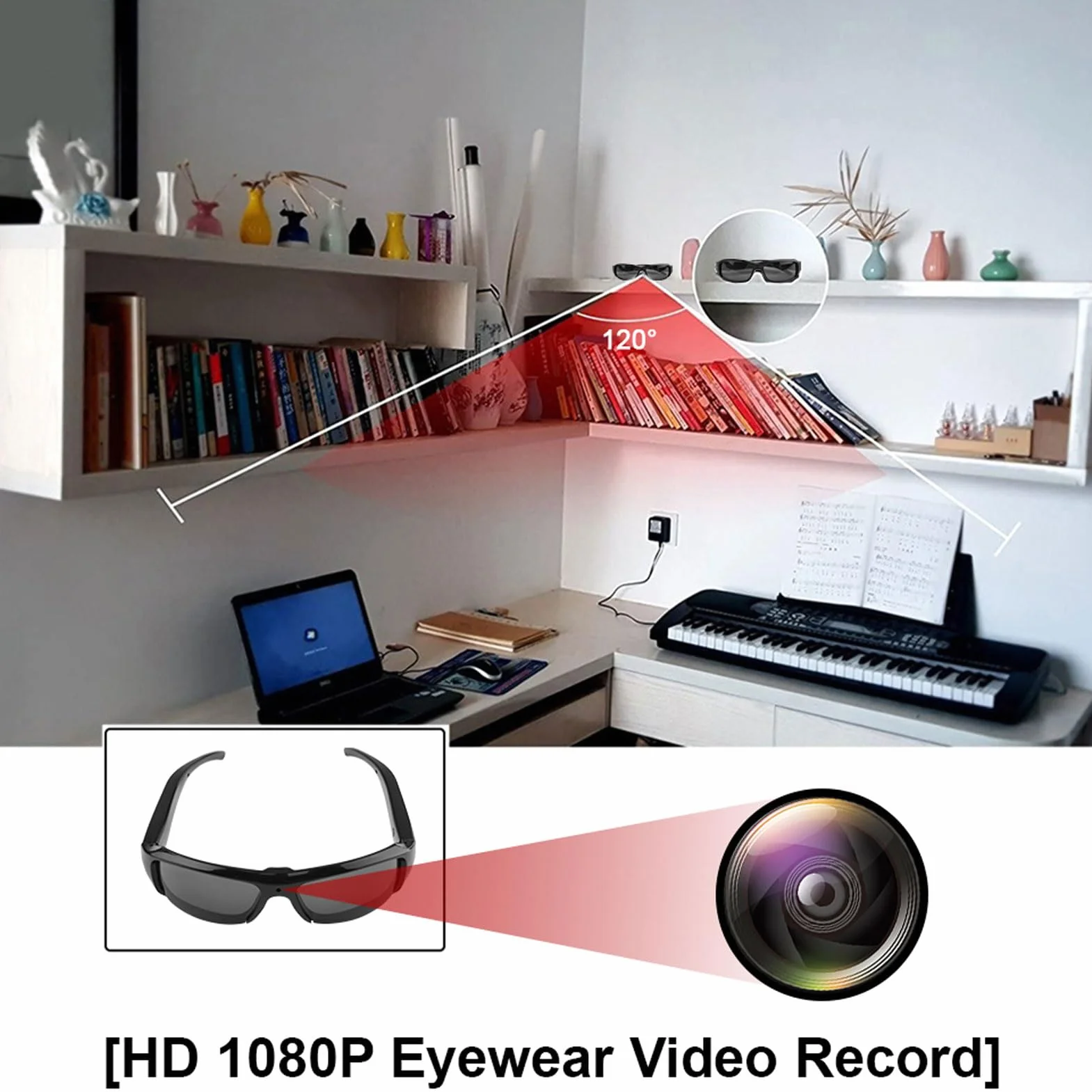 Tosuny Lunettes Intelligentes avec Caméra 1080P, Lunettes de Caméra d'action avec Objectif Grand Angle 120°, Anti-secousses Intelligentes, Enregistrement en Boucle, Lunettes de Soleil