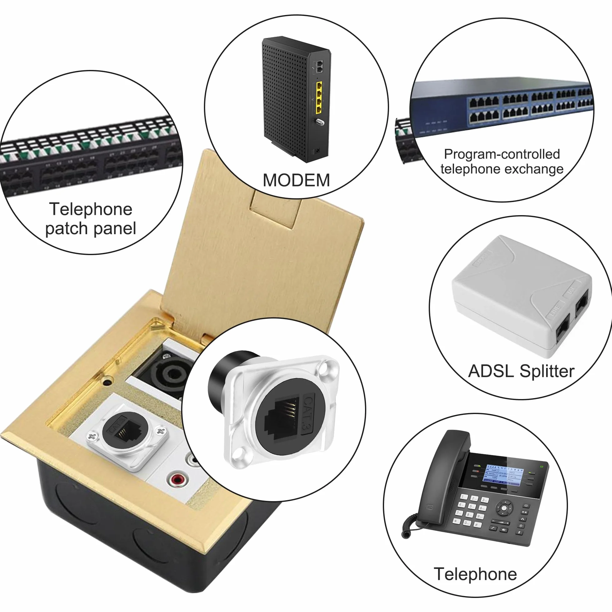 XMSJSIY Lot de 2 adaptateurs de panneau de type D RJ11 CAT3 femelle vers femelle type D CAT3 6P4C pour téléphone - Adaptateur passe-through - Adaptateur de bureau - Argenté