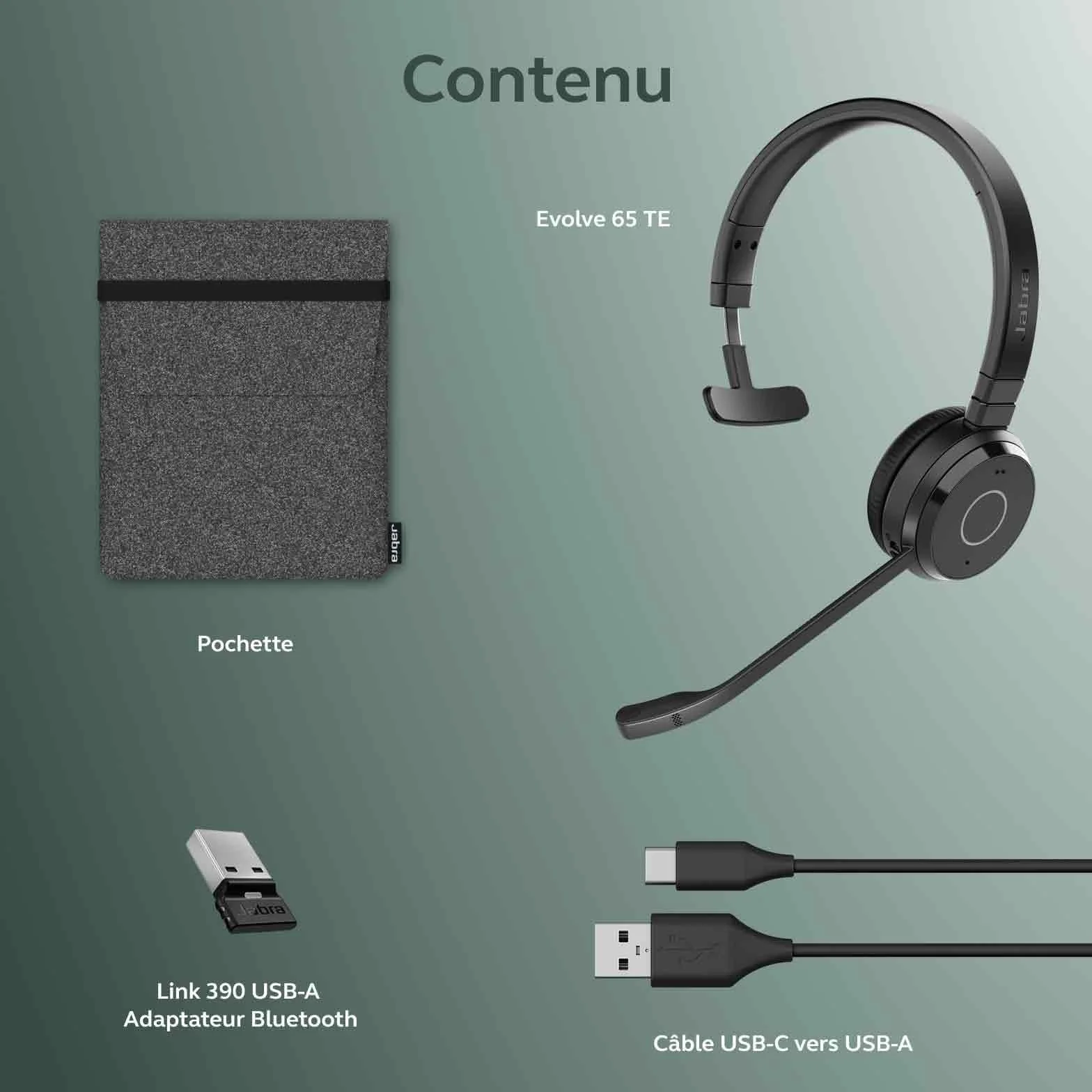 Jabra Evolve 65 Te (3e édition 2025) Micro-Casque Mono Bluetooth sans Fil, se connecte à 2 appareils, 16 h d’autonomie, Micro antibruit, Adaptateur USB-A, Fonctionne avec Les applis de réunion, Noir