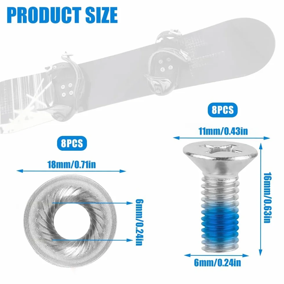 Jeu de Vis Fixation Snowboard en Acier Inoxydable avec Rondelles, 16 Pièces Ski Sport de Remplacement