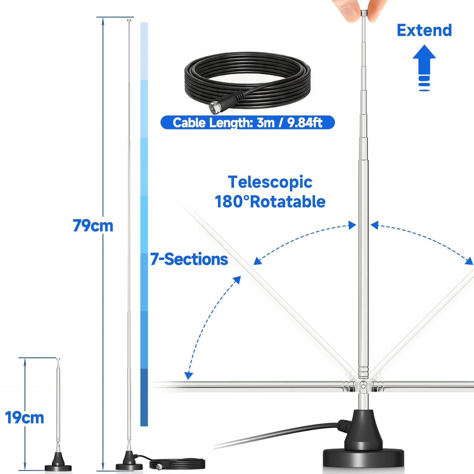 Bingfu Antenne Radio Dab FM Intérieure Télescopique 79 cm Antenne Numérique Amplifiée Maison avec Base Magnétique Câble de 3m pour Chaine HiFi Ampli Tuner FM Dab+ Dab Poste Radio Récepteur AV Stéréo
