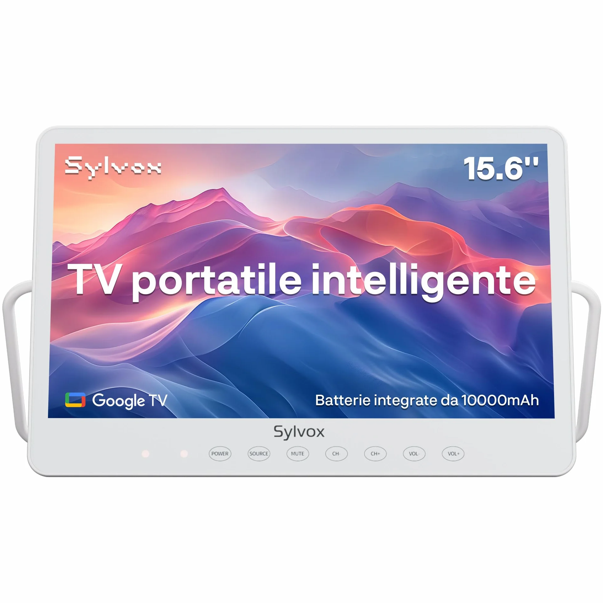 SYLVOX 15,6 Pouces Téléviseur Portable, Smart Google TV IP66 Étanche | Mini TV 1080P FHD Girevole 360°avec Poignée | DVB-C/T/T2/S2 | USB/HDMI -10000mAh (4-6 Heures) pour Camping, Chambre, Cuisine