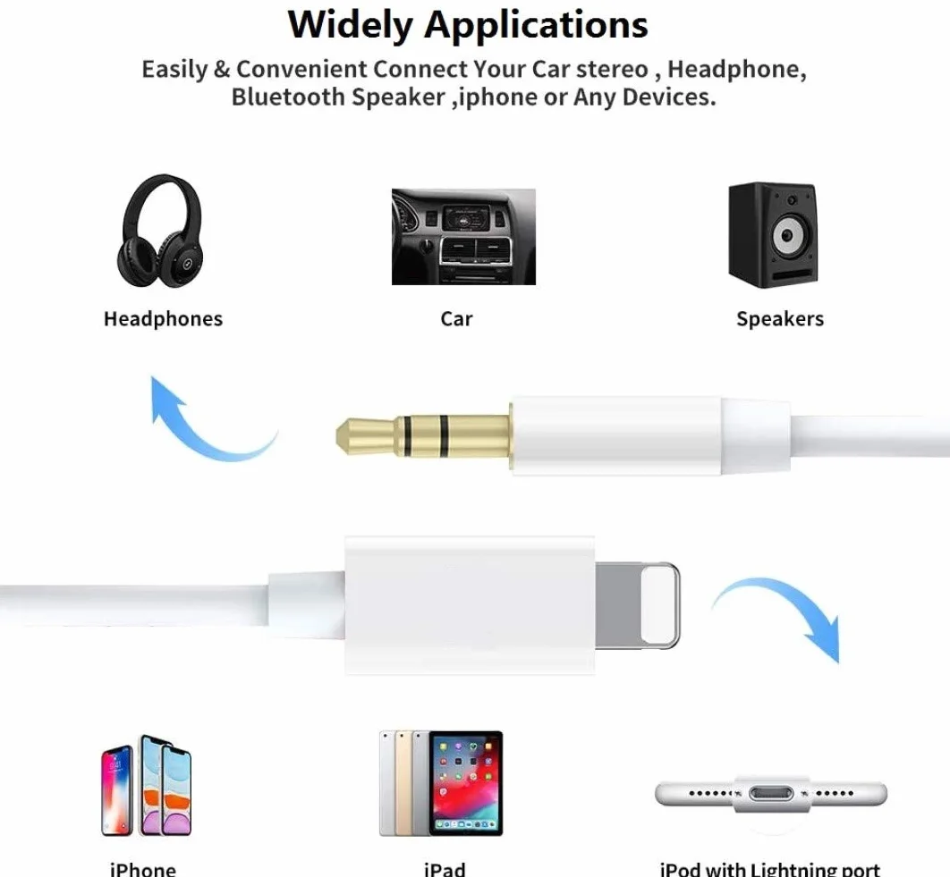 Cordon auxiliaire pour iPhone, [certifié Apple MFi] Câble Lightning vers auxiliaire compatible avec iPhone 14 13 12 11 XS XR X 8 7 vers haut-parleur stéréo de voiture, casque, blanc