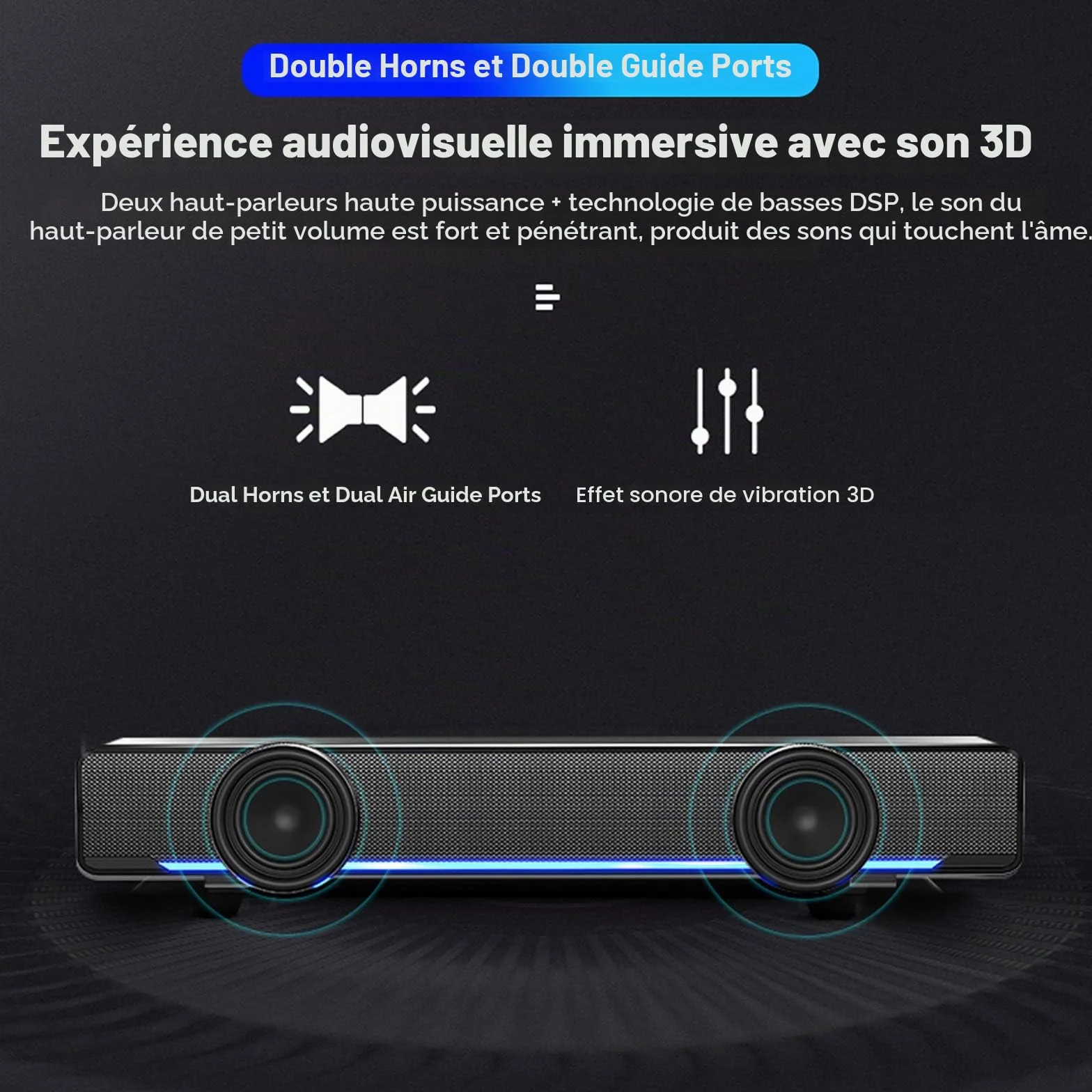Barre de Son avec Subwoofer, Haut-Parleur Stéréo Filaire, Entrée USB/3.5mm pour PC Smartphone