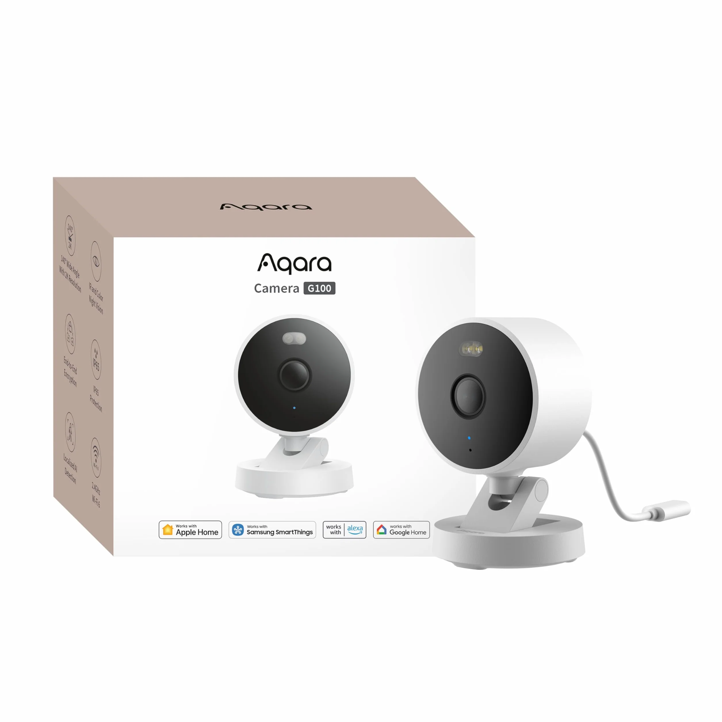 Aqara Caméra Intérieure/Extérieure G100, 2K, HomeKit Secure Video, 2,4 Ghz WiFi, Vision Nocturne Couleur avec Projecteur, Détection IA, Wi-FI 6, Étanche IP65, Compatible Alexa, Google Home, Blanche