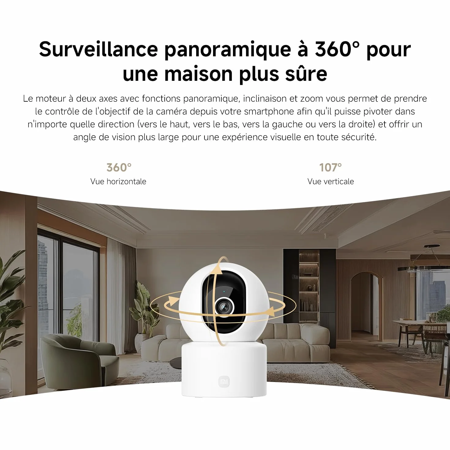 XIAOMI C302 Caméra Intérieure, 2K 3MP à 360°, Caméra de Surveillance, WiFi 6, Clôture Virtuelle, Détection et Suivi Personnes & Animaux, Vision Nocturne Couleur Starlight, Audio Bidirectionnel, Alexa