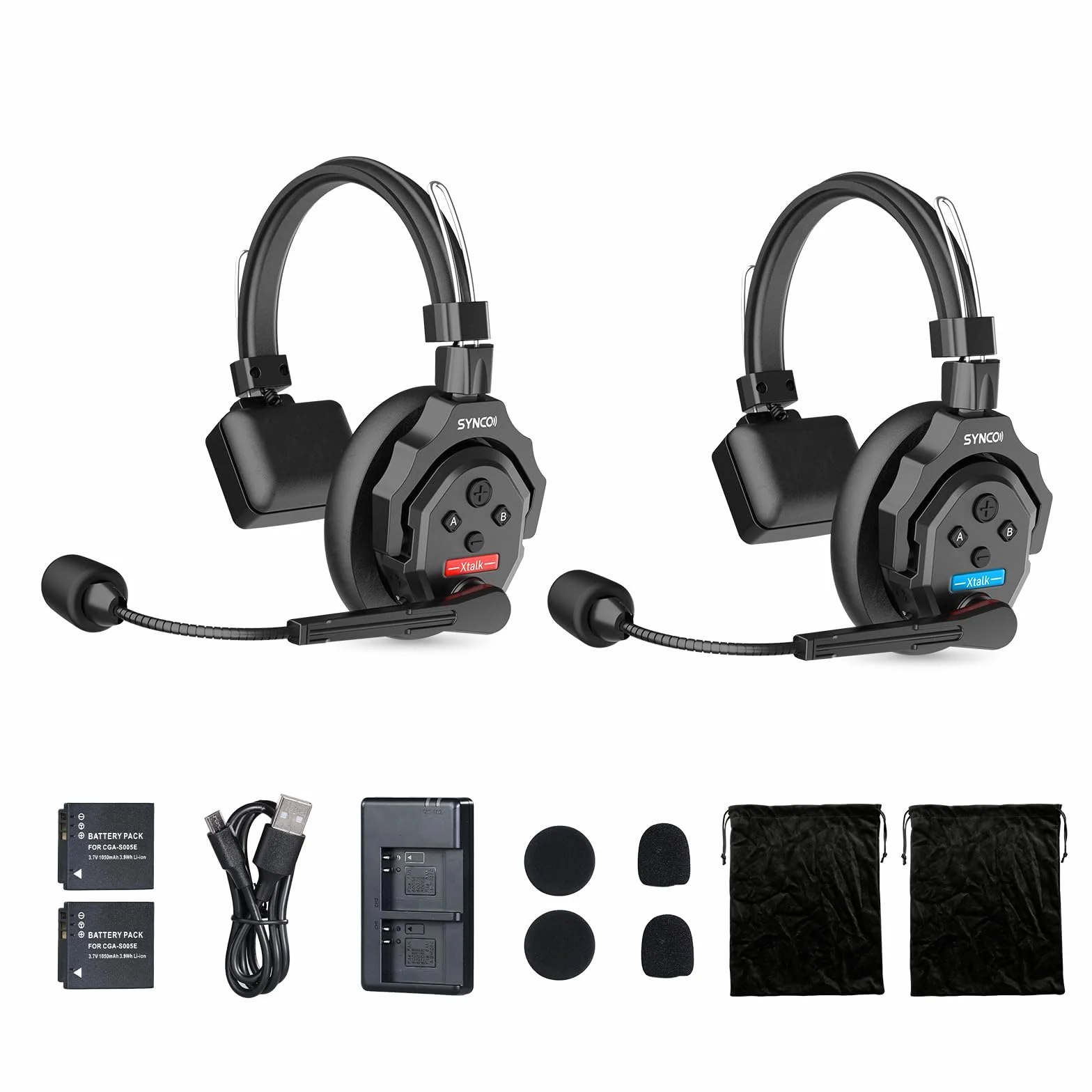 SYNCO Xtalk X2 Casque Intercom Full Duplex Système, 2.4G Casque Communication sans Fil Intercom Système pour Equipe d'Annulation du Bruit avec 2 Ecouteurs