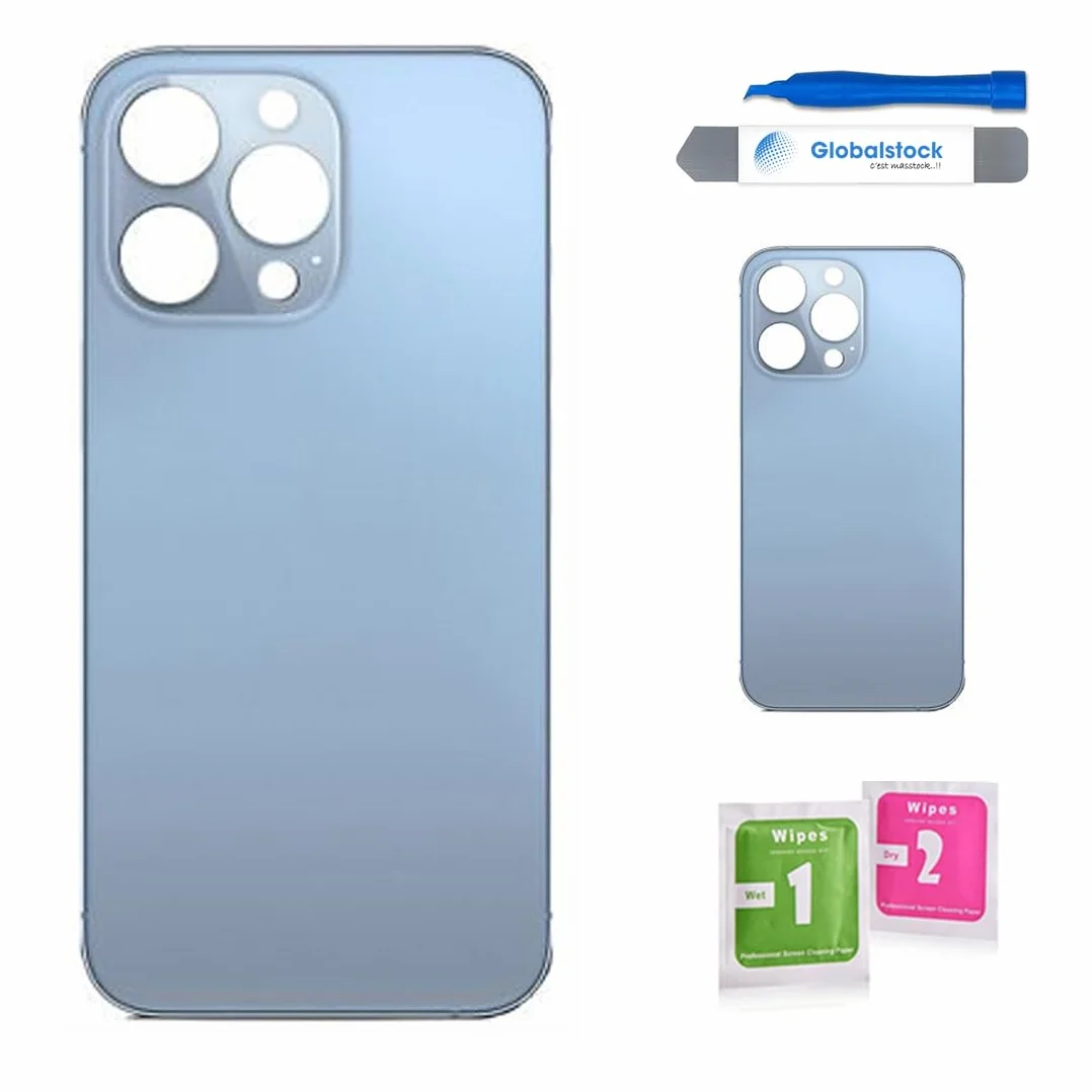 Vitre arrière de Cache Batterie Remplacement - Coque Cache Batterie Compatible pour iPhone 13 Pro Bleu + adhésif et Kit Outils