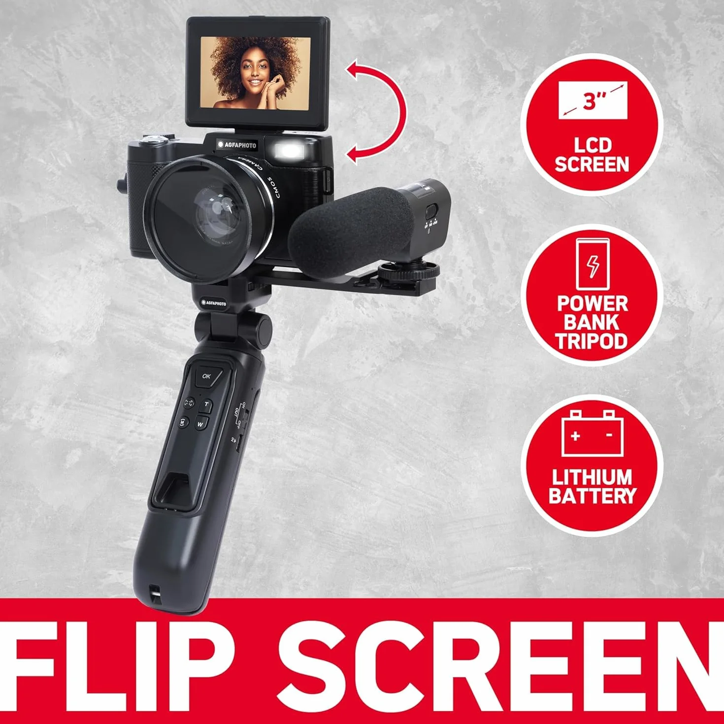 AgfaPhoto Realishot VLG-4K Kit Vlogging - Caméra 24MP, Vidéo 4K, Ecran LCD 3'', Zoom Numérique 16X, Capteur CMOS, Batterie Lithium - Noir