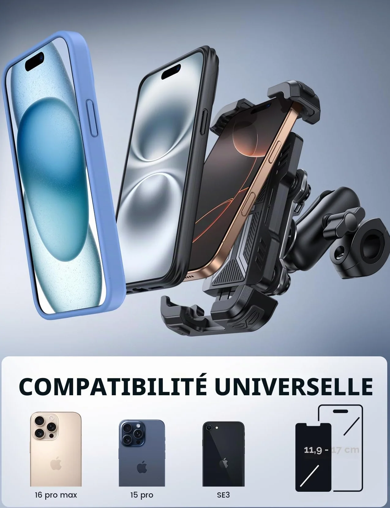 Lamicall Support Téléphone Moto Antivol Double Anti-Vibration Bras Extension Métal pour Guidon Vélo 360° Pivotant iPhone 16 15 14 4,7-6,7"