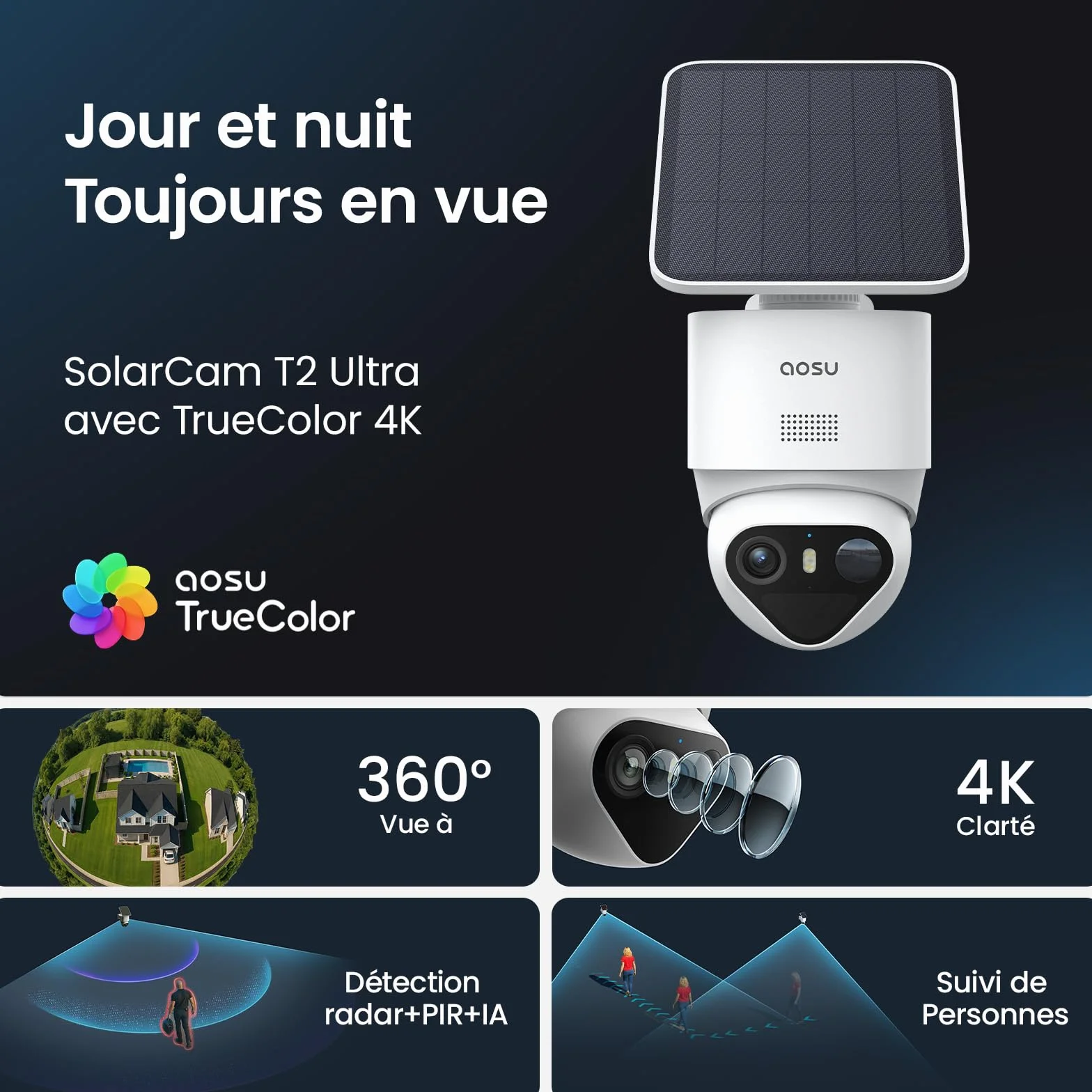 aosu 4K Caméra Surveillance WiFi Extérieure sans Fil,8MP Camera Exterieur Solaire,Vision Nocturne TrueColor,Triple Détection (PIR+Radar+IA),Suivi Automatique à 360°,Alarme Sonore et Lumineuse