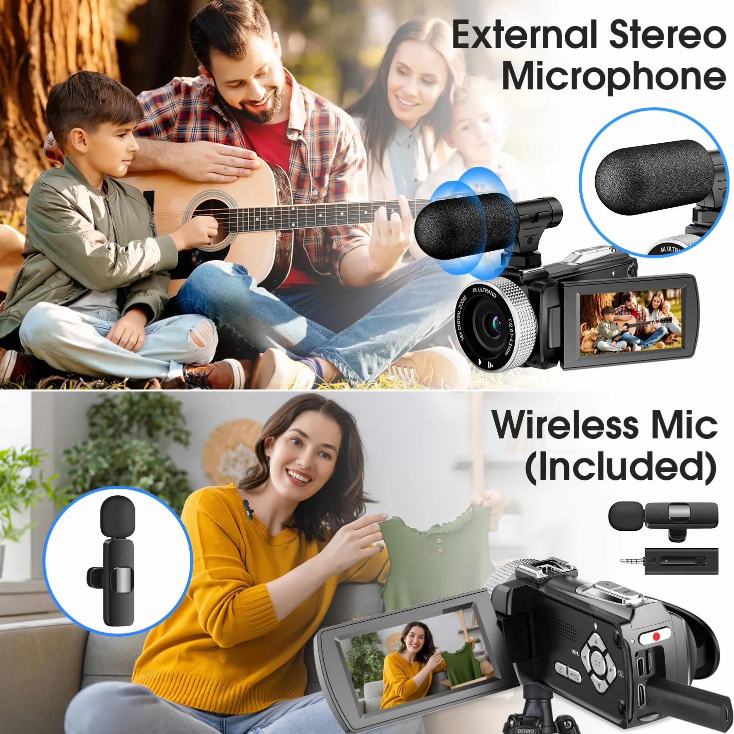 Caméra vidéo 4K 48MP Photo/enregistreur vidéo 4K 60FPS, caméscope numérique pour Youtube Vlogging avec Microphone sans Fil/Carte SD/2 Piles/télécommande