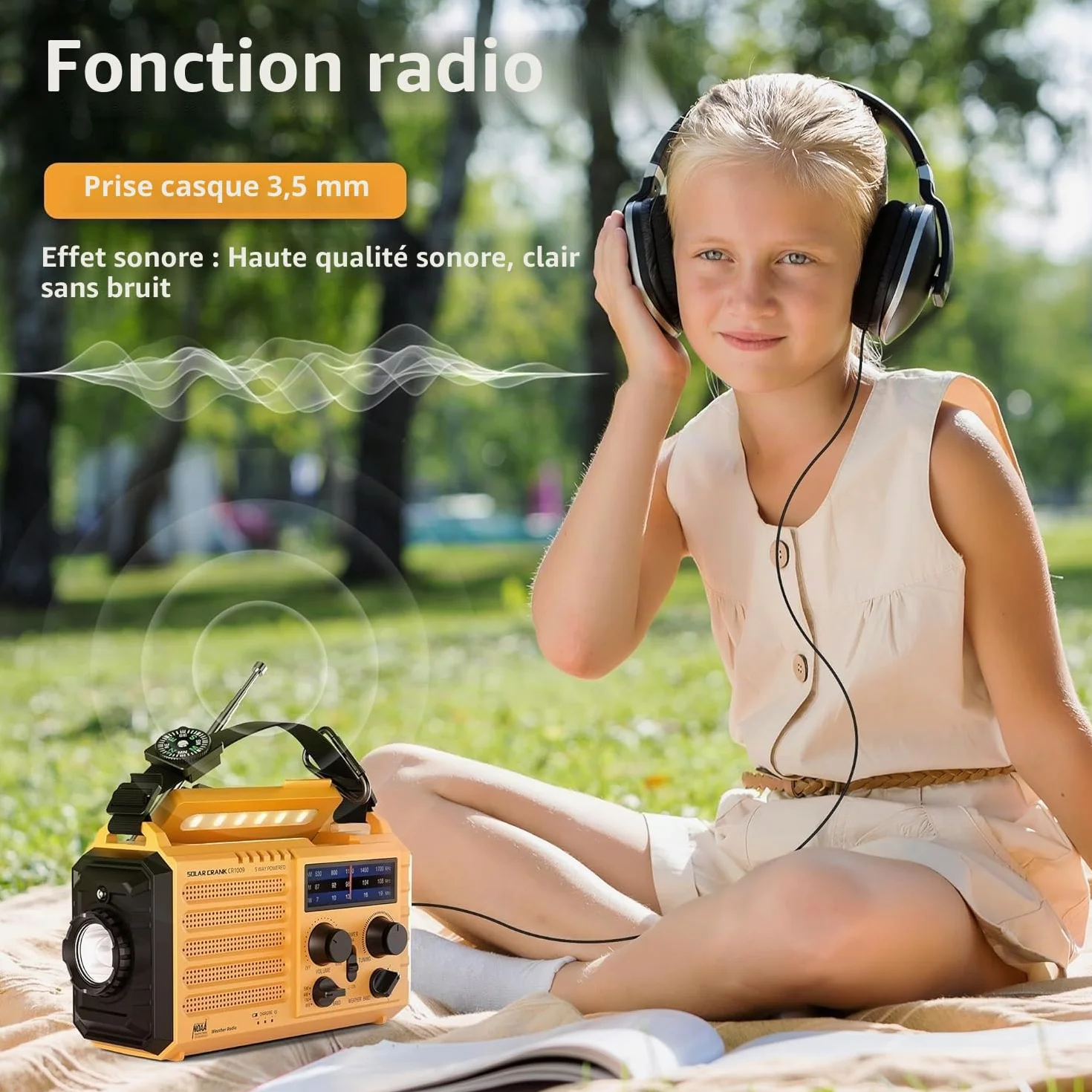 Radio Solaire de Chantier Portable AM/FM/SW 4000mAh Lampe LED Alarme SOS Boussole