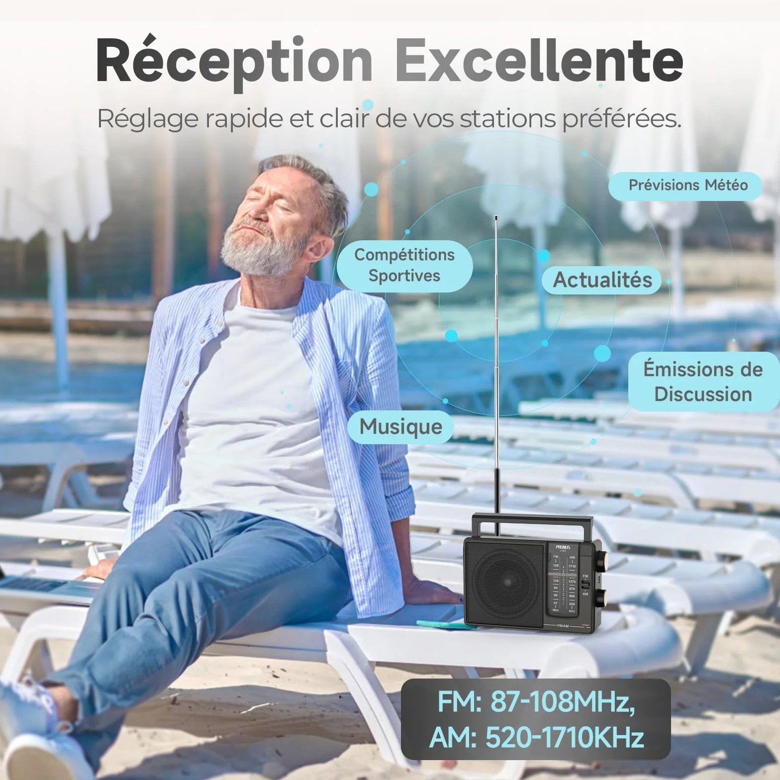 Poste Radio FM/AM PRUNUS J-03 Radio Portable Piles et Secteur, Transistor Haute Performance, Excellente Réception DSP, Haut-Parleur Puissant, Prise Casque 3.5mm - Idéal pour Personnes Âgées, Cuisine