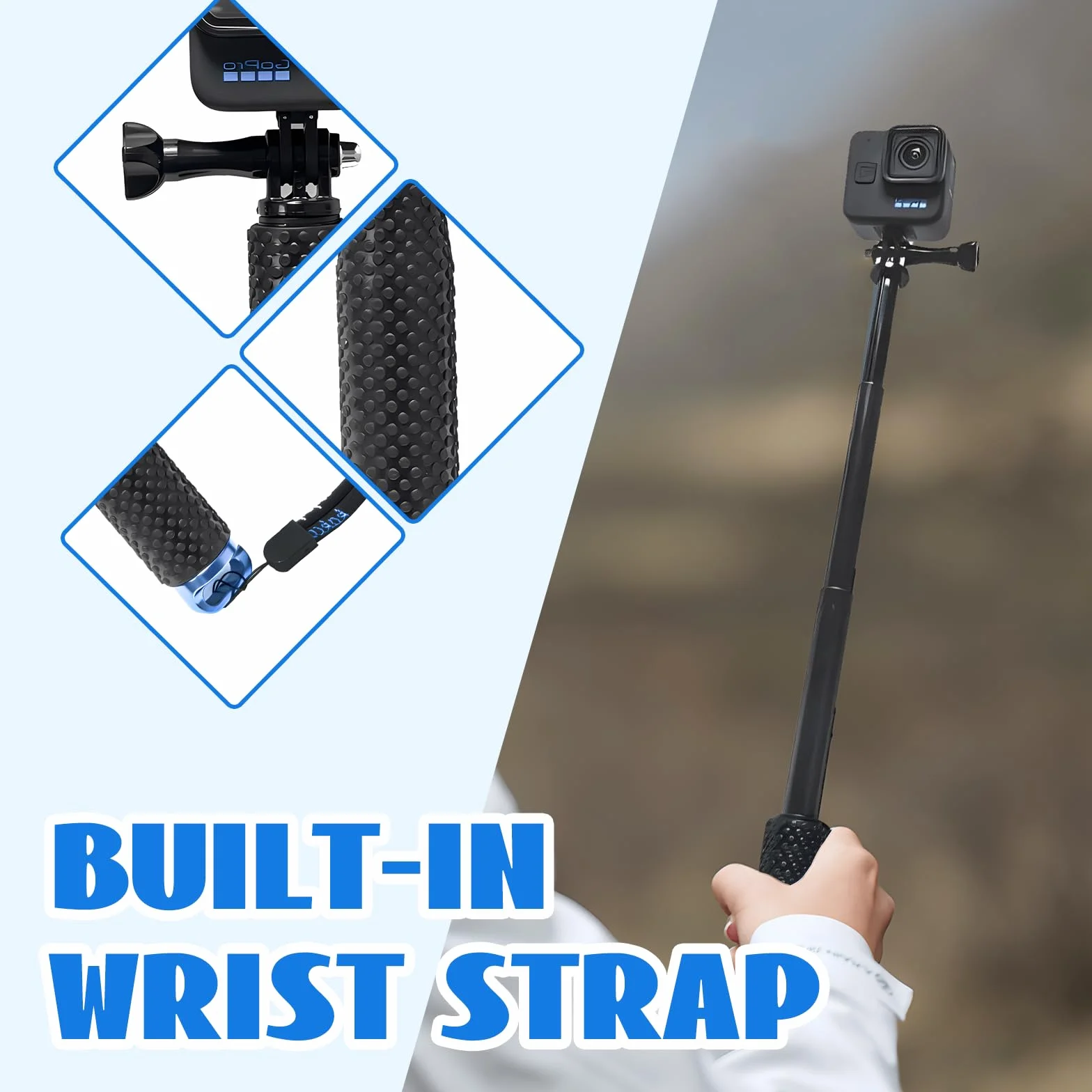 19-49 cm Stick Selfie étanche, Telescopic Pole, Bâton de Selfie étanche en Aluminium Caoutchouté Extensible, Adapté pour GoPro3 + / 4/3/2/5, 19 Pouces, pour plongée, l'escalade, Plein air, Surf