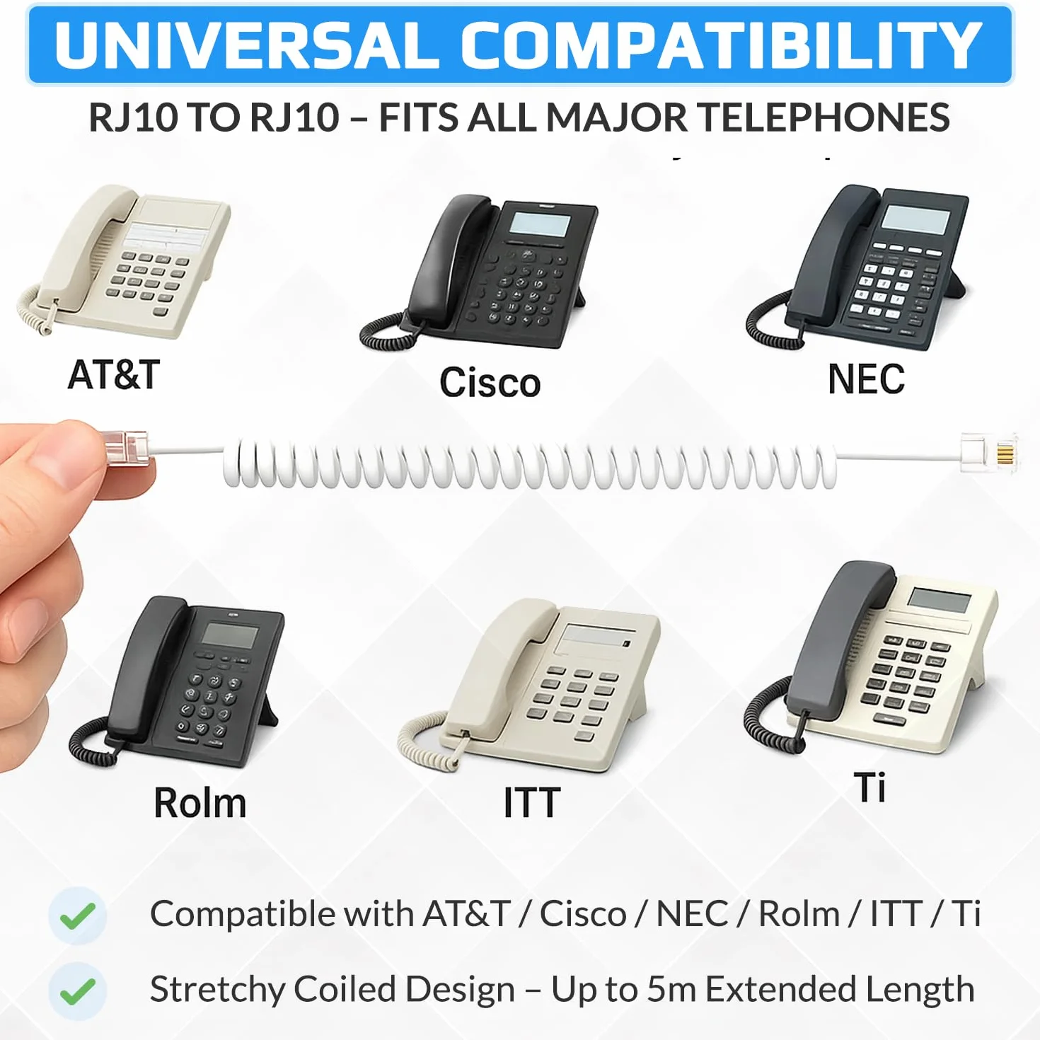 Keple Câble téléphonique RJ10 incurvé à ressort en spirale pour combiné téléphonique 2 mètres Compatible avec les téléphones fixes AT&T, Cisco, NEC, ROLM, ITT, TI (Noir)