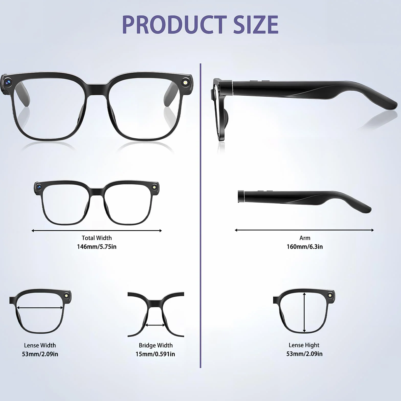 Lunettes Connectées avec 8MP Lunette Camera, 1080p Lunette Traductrice Lunettes IA Lunette Intelligente avec Verres Photochromiques, Musique Bluetooth, Stant Vocal et Vidéo